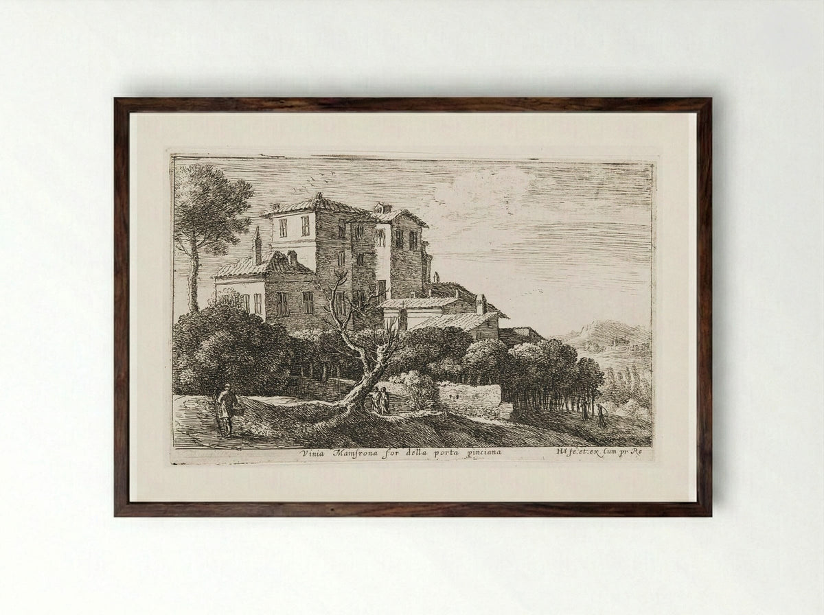 View of the Vineyard of the Villa Mamsrona - Herman van Swanevelt - Framed Print Dark Wood