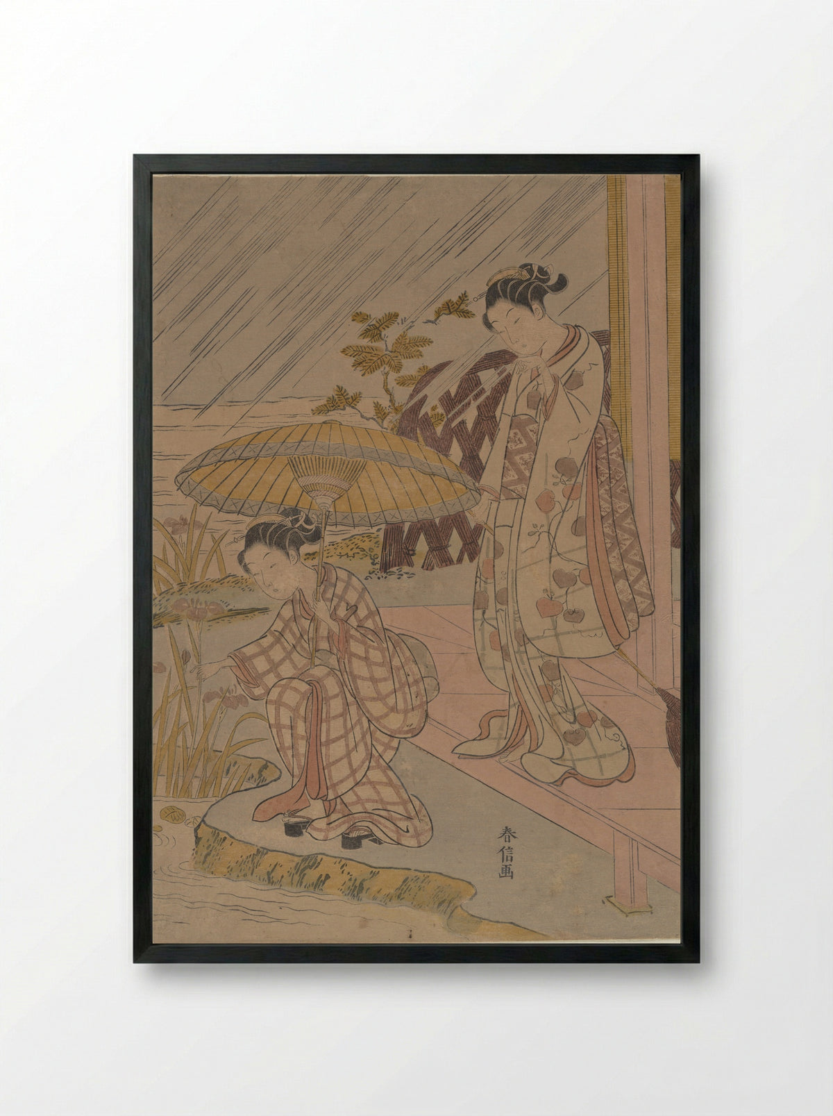 Viewing Iris in the Rain - Suzuki Harunobu - Framed Print Black