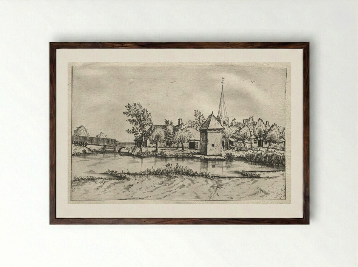 Views of Villages in Brabant and Campine: A Moated Village - Master of the Small Landscapes - Framed Print Dark Wood