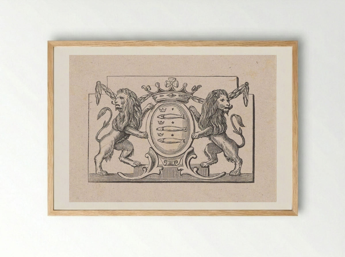 Vignet met een wapen met daarop drie vissen en drie kronen - Isaac Weissenbruch - Framed Print Wood