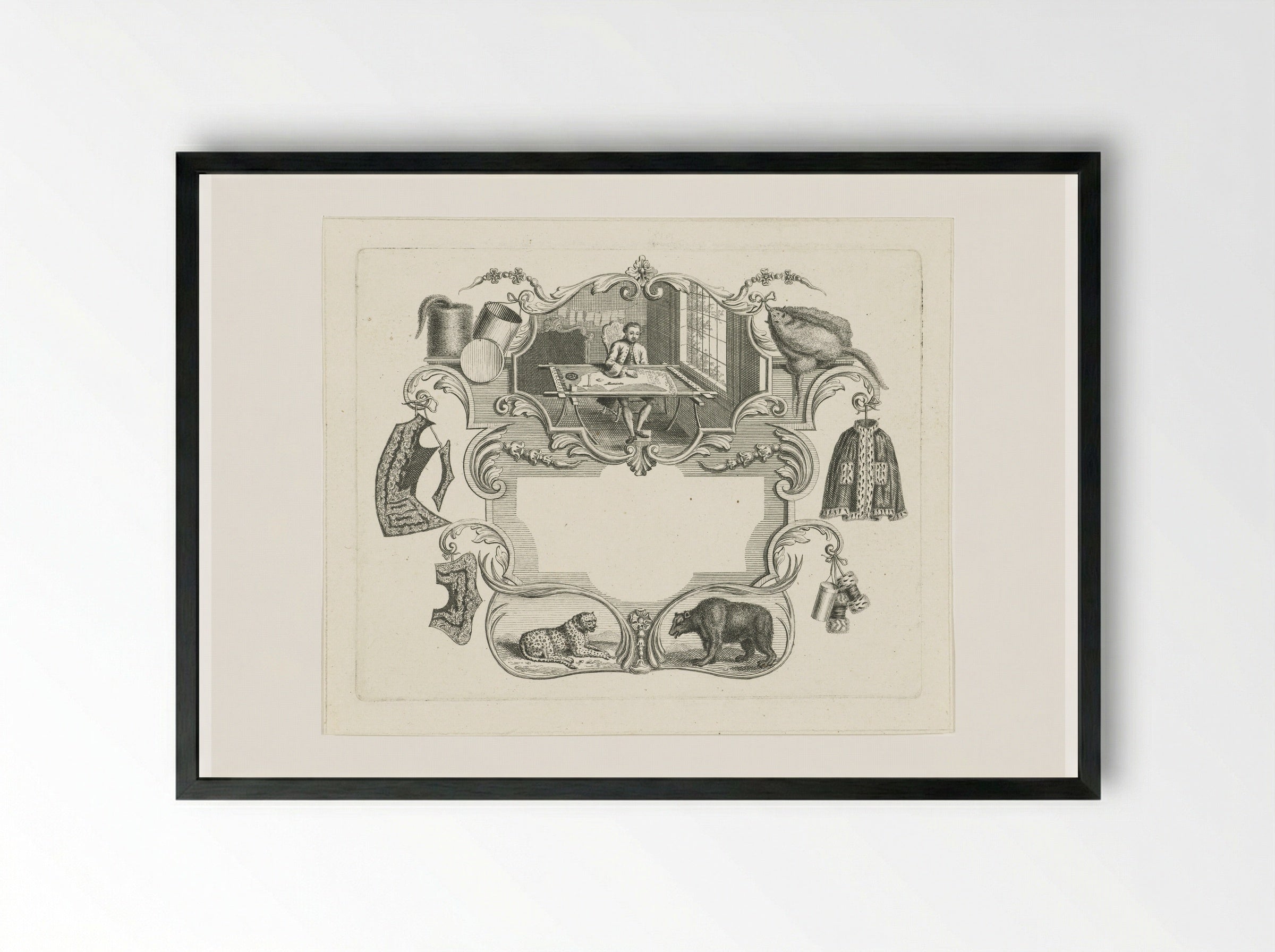 Vignet met kleermaker in cartouche - Abraham Delfos - Framed Print Black