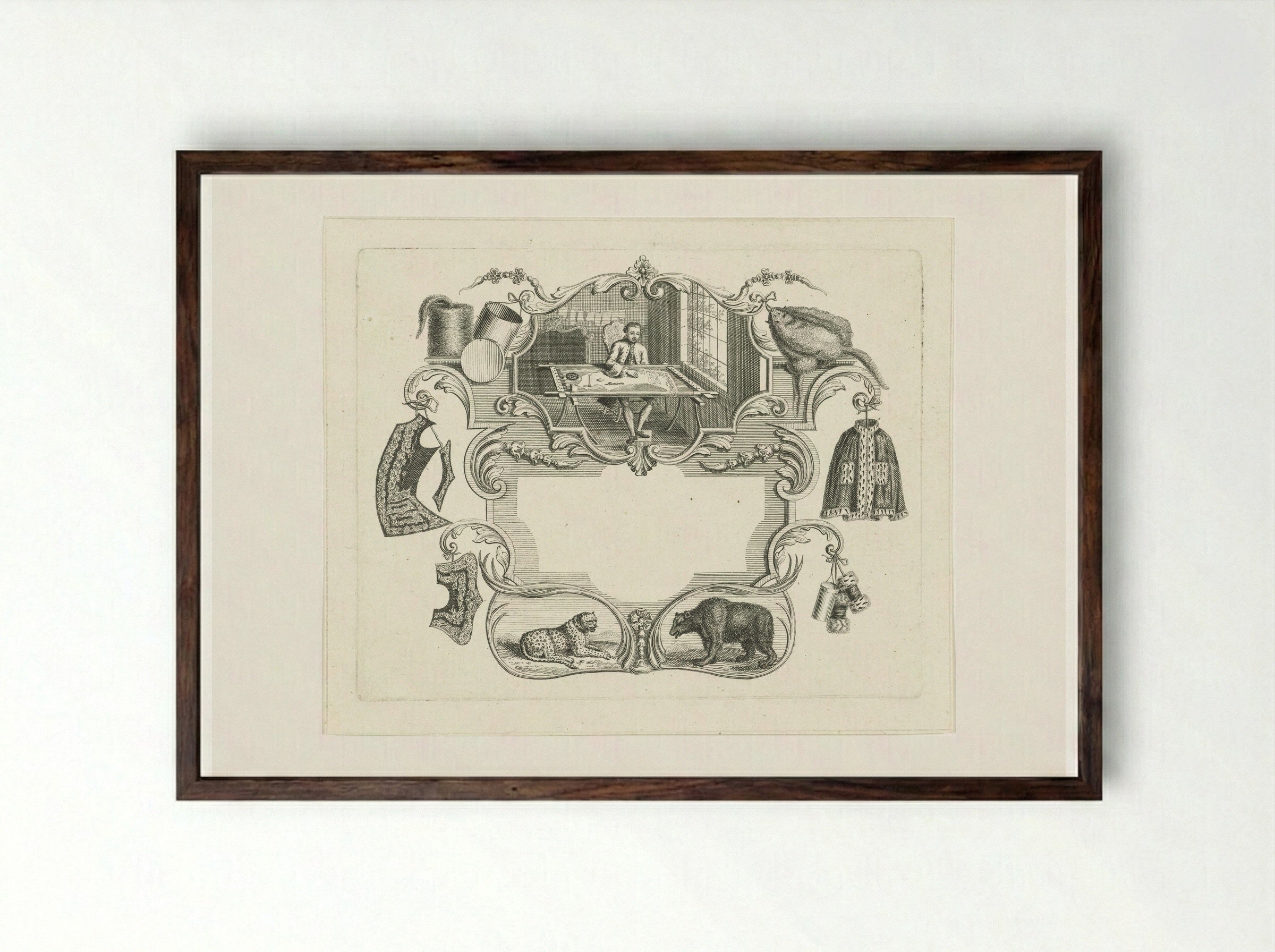 Vignet met kleermaker in cartouche - Abraham Delfos - Framed Print Dark Wood