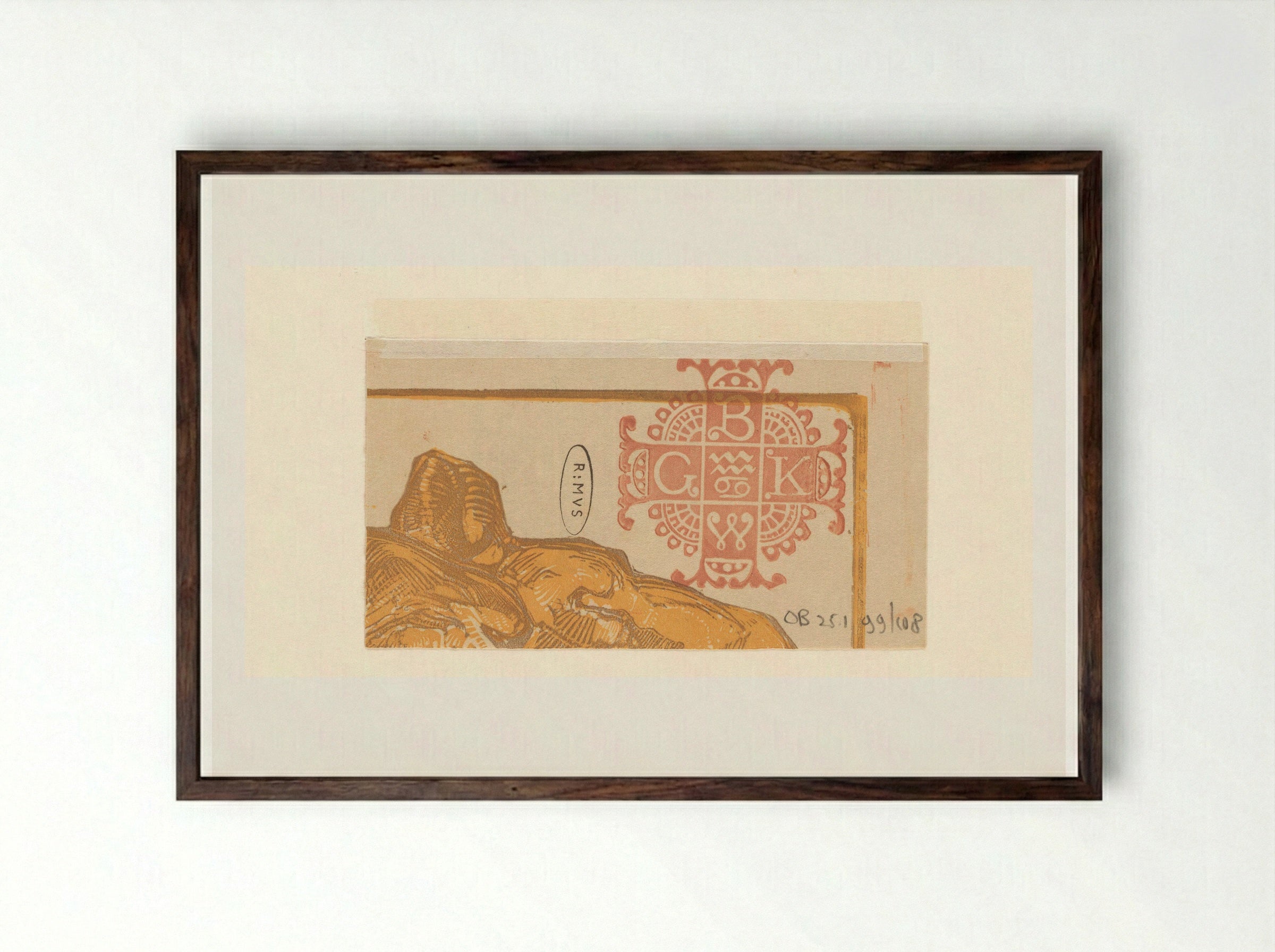 Vignet met letters B, K, W en G en deel van kop van leeuw - Bernard Willem Wierink - Framed Print Dark Wood