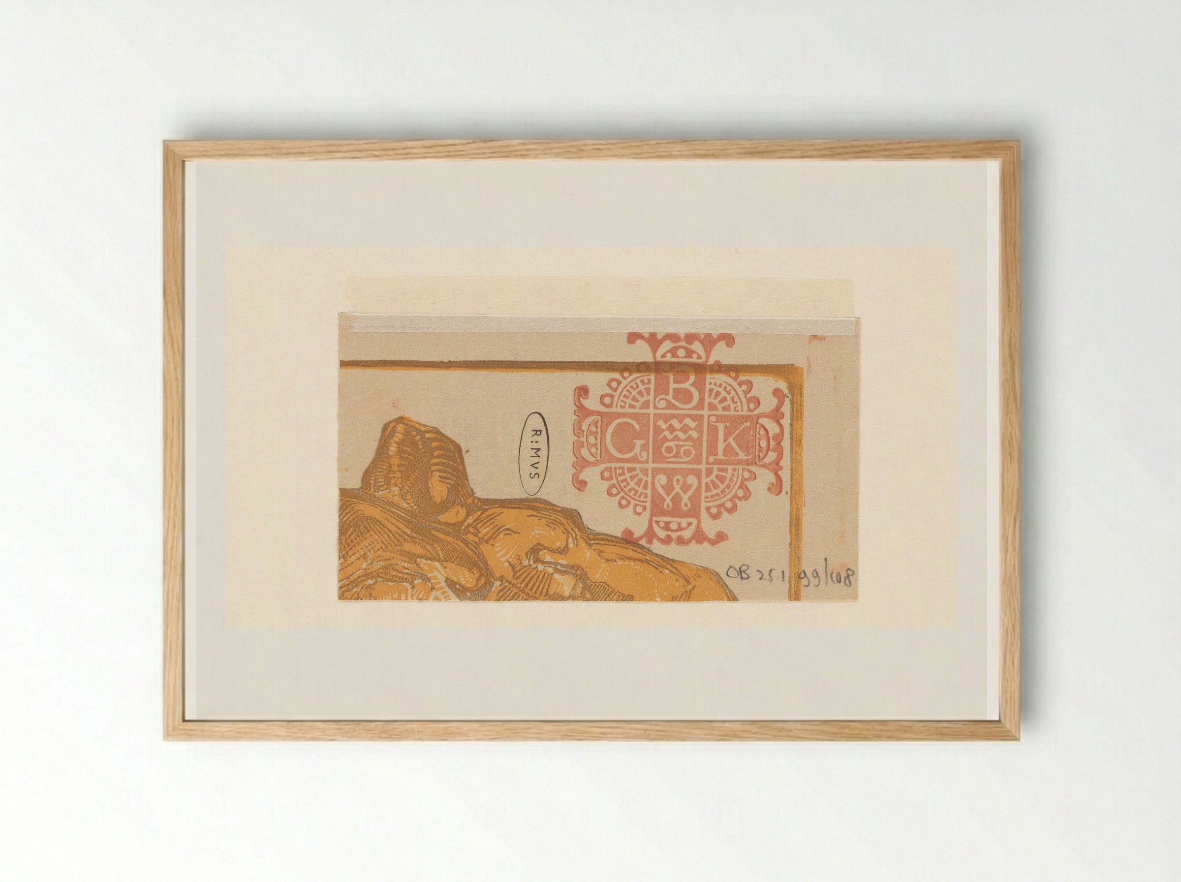 Vignet met letters B, K, W en G en deel van kop van leeuw - Bernard Willem Wierink - Framed Print Wood