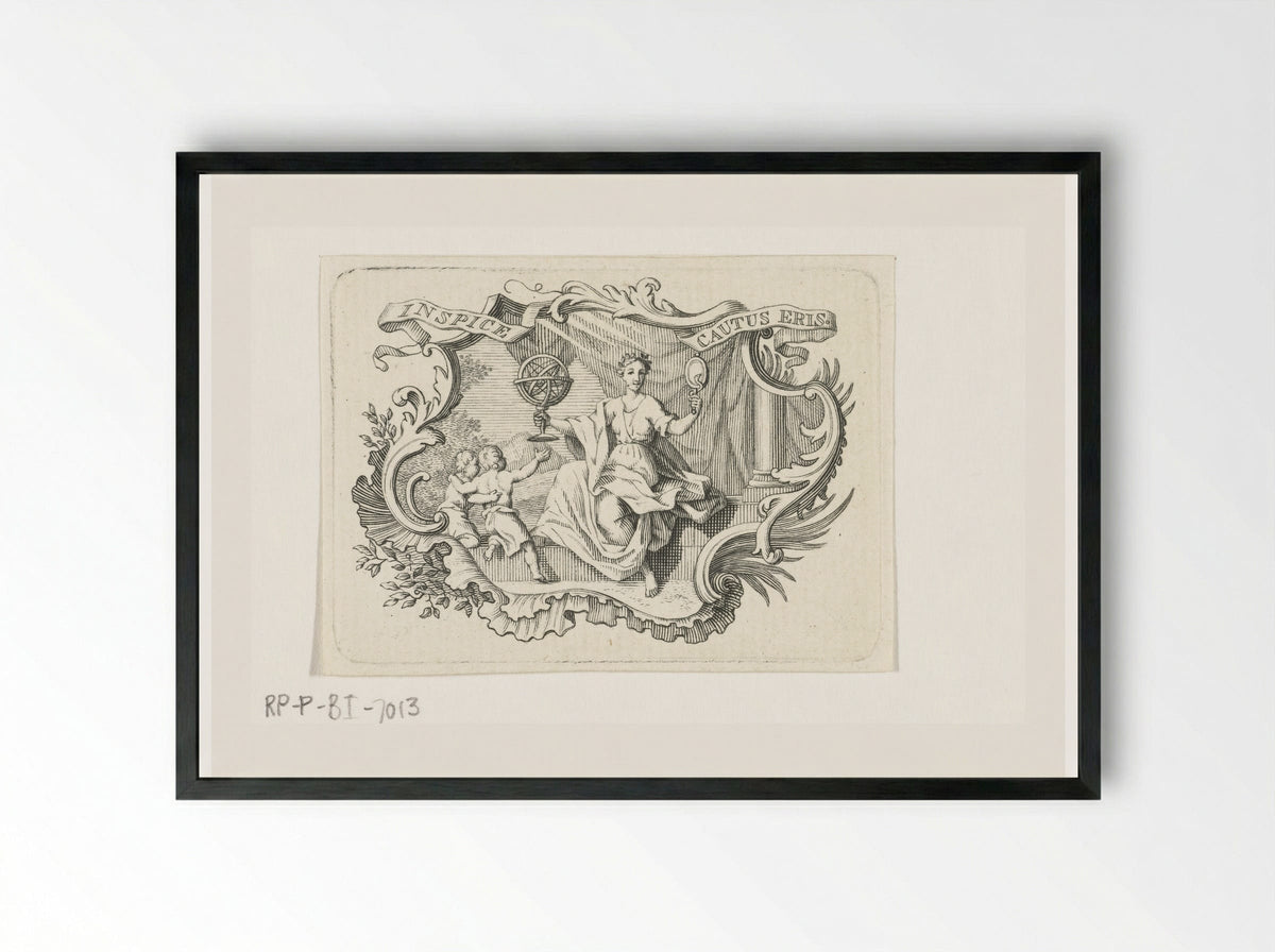 Vignet met personificatie van Voorzichtigheid in cartouche - Abraham Delfos - Framed Print Black