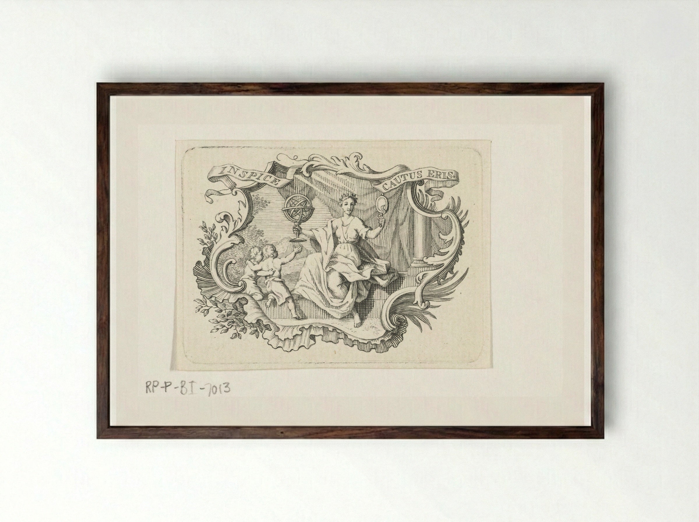 Vignet met personificatie van Voorzichtigheid in cartouche - Abraham Delfos - Framed Print Dark Wood