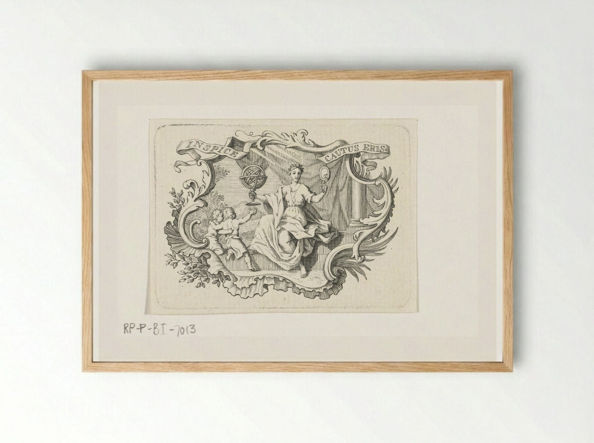 Vignet met personificatie van Voorzichtigheid in cartouche - Abraham Delfos - Framed Print Wood