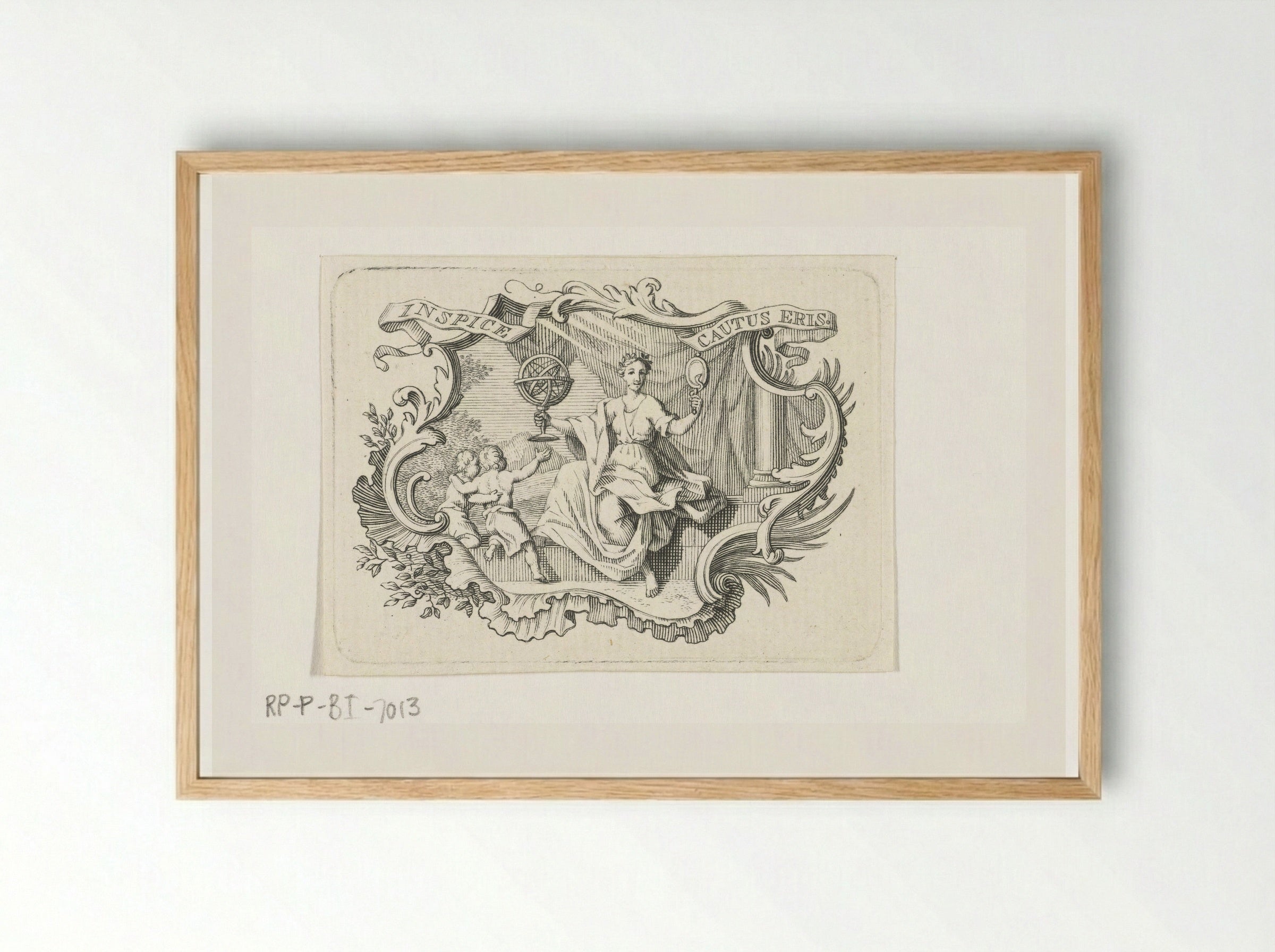 Vignet met personificatie van Voorzichtigheid in cartouche - Abraham Delfos - Framed Print Wood
