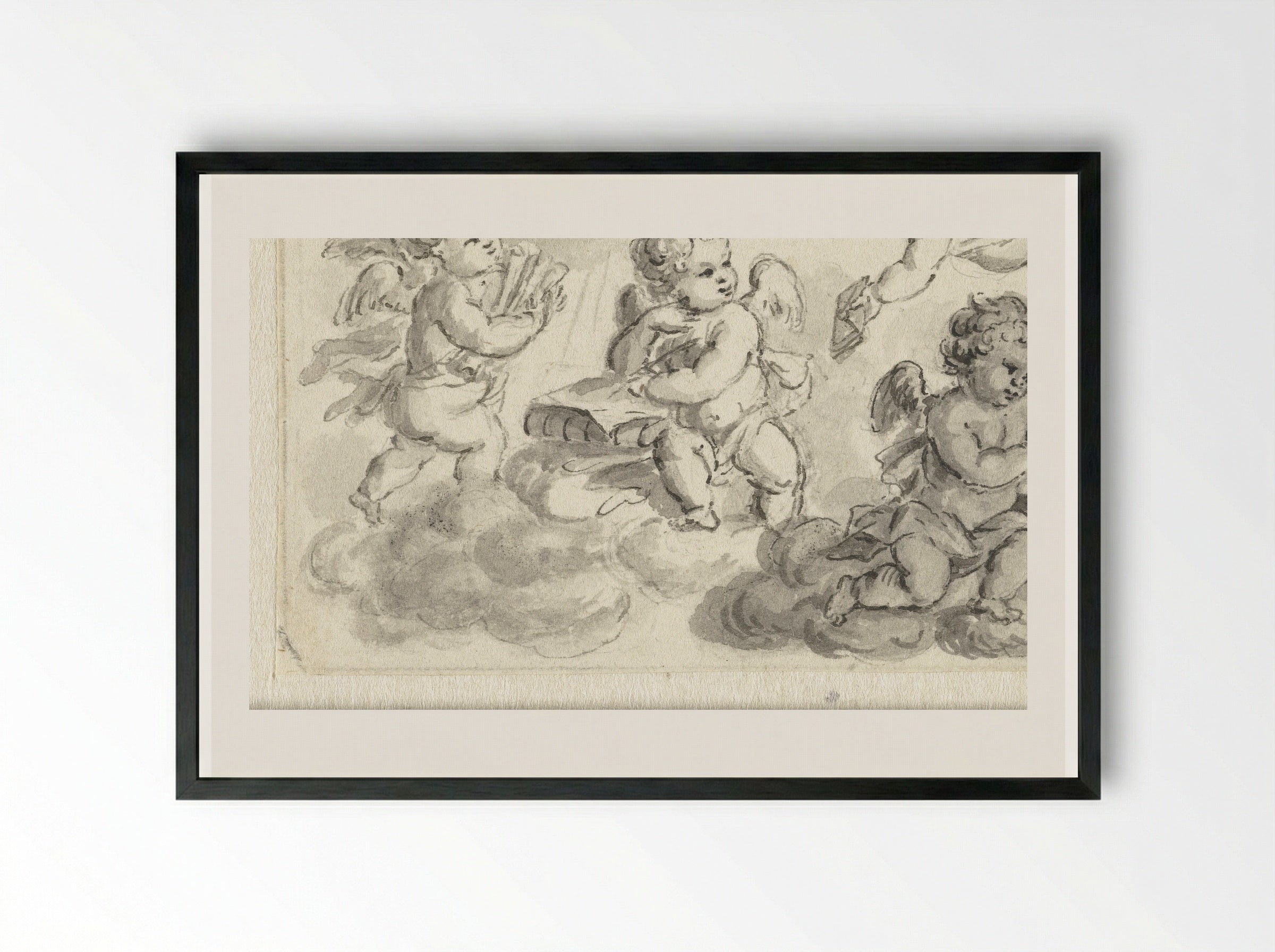 Vignet van putti op wolken met boeken - Abraham Delfos - Framed Print Black