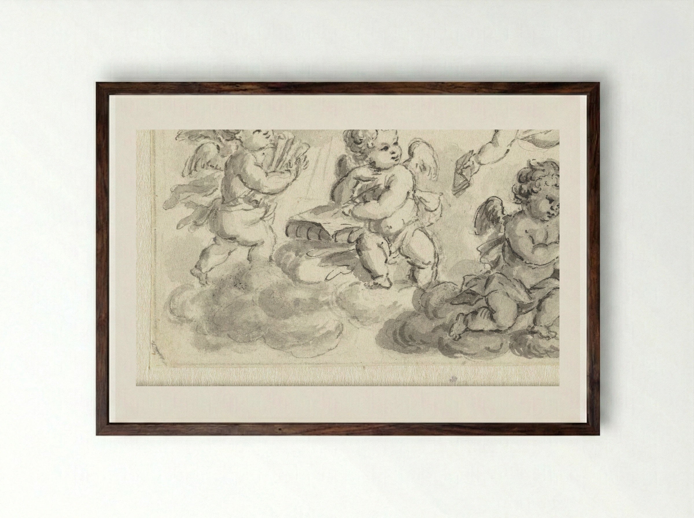 Vignet van putti op wolken met boeken - Abraham Delfos - Framed Print Dark Wood