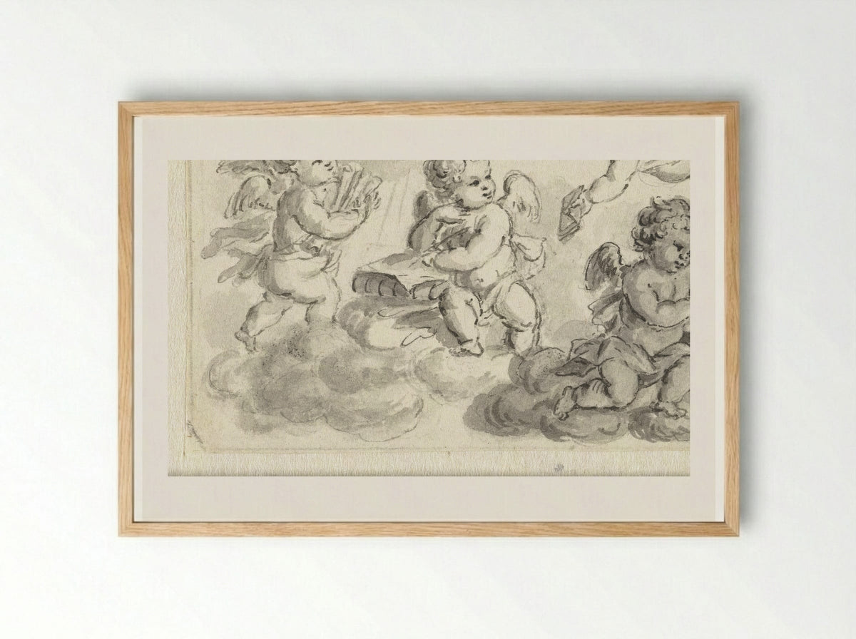 Vignet van putti op wolken met boeken - Abraham Delfos - Framed Print Wood