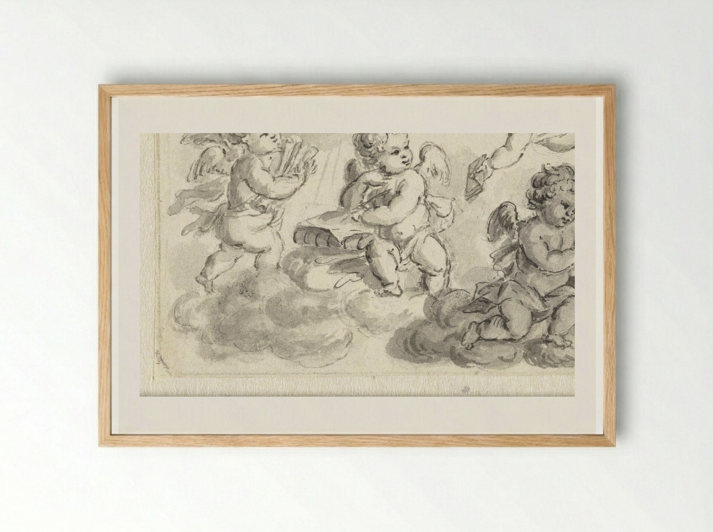Vignet van putti op wolken met boeken - Abraham Delfos - Framed Print Wood