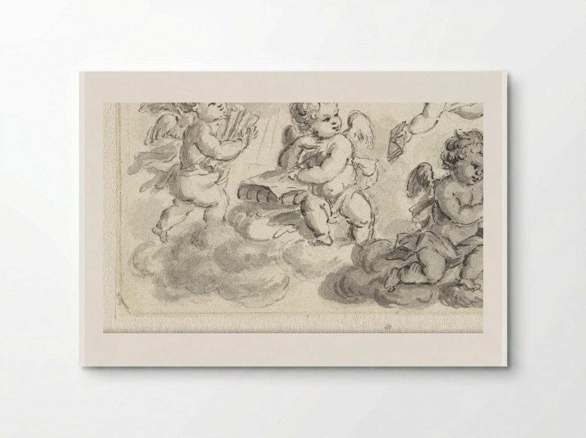 Vignet van putti op wolken met boeken - Abraham Delfos - Poster
