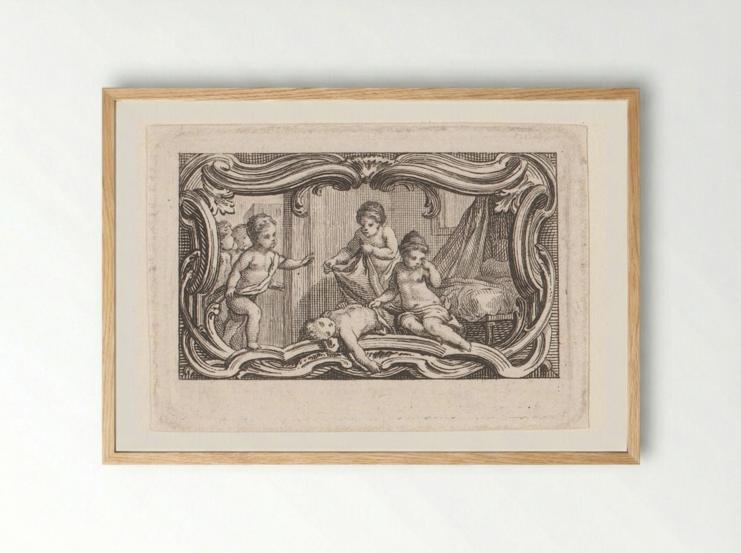 Vignette with Putti Covering a Sleeping Putto - Jacques-Philippe Le Bas - Framed Print Wood