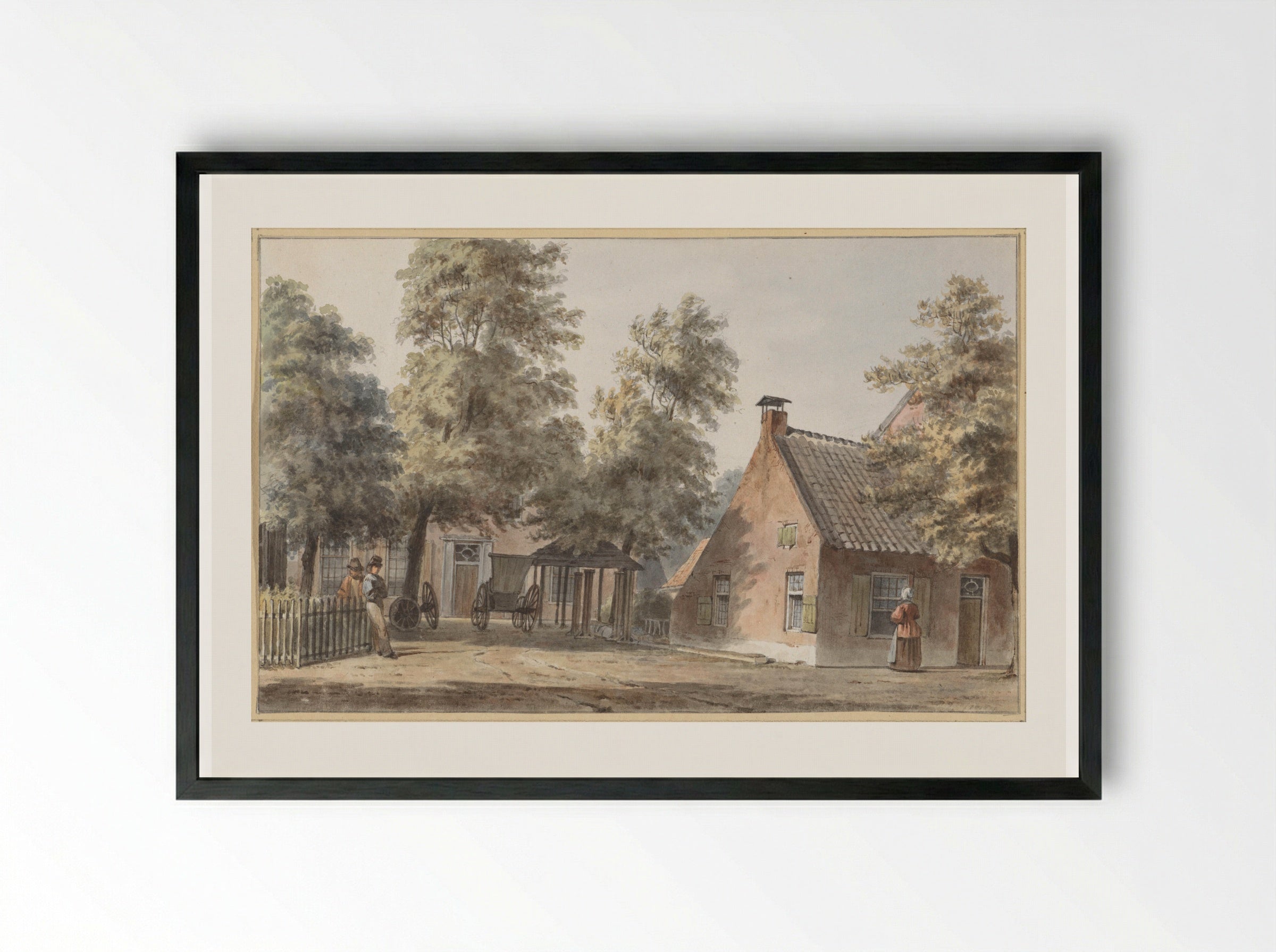 Village Scene with Two Men Leaning Against a Fence - Hendrik Abraham Klinkhamer - Framed Print Black