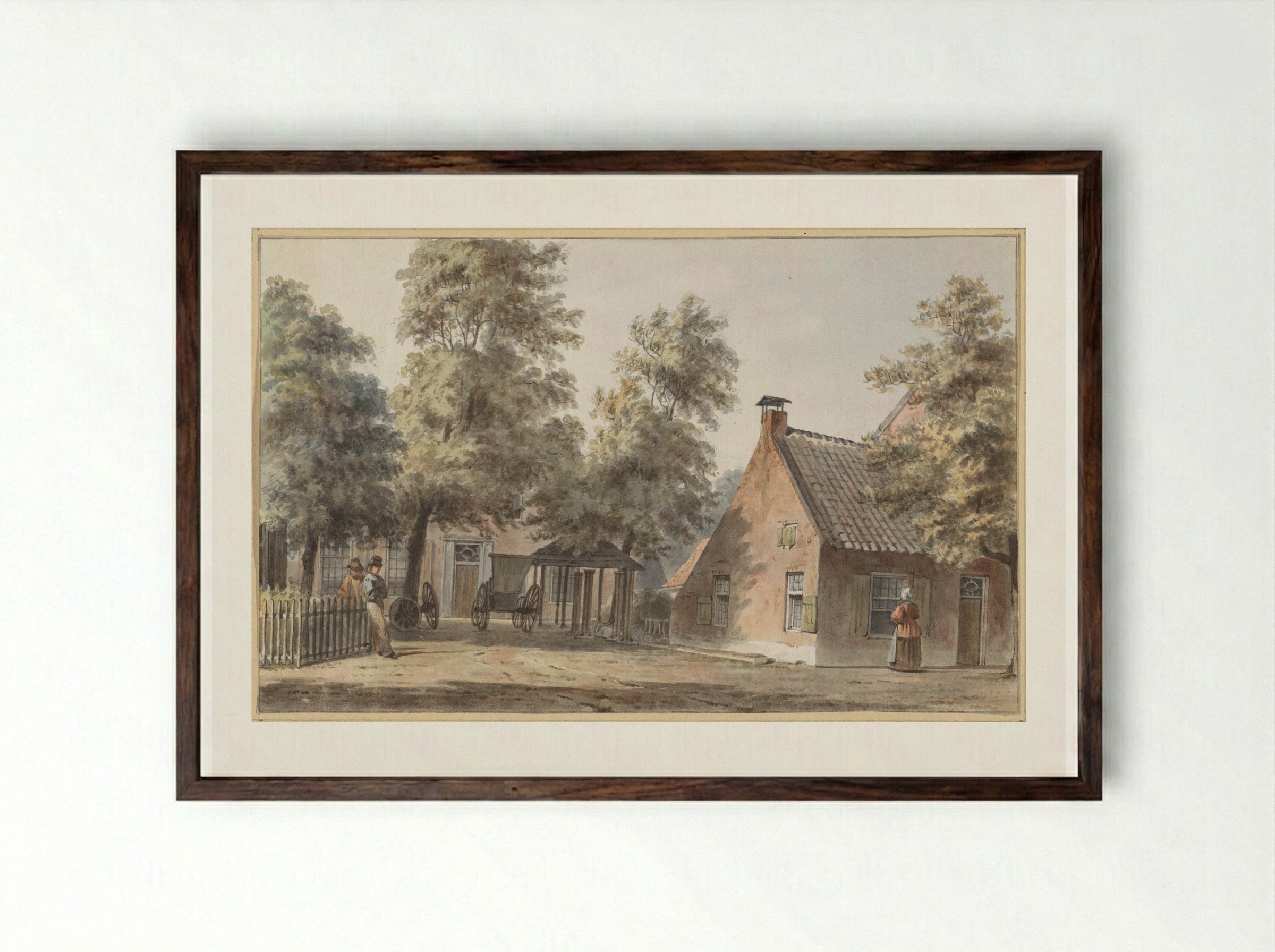 Village Scene with Two Men Leaning Against a Fence - Hendrik Abraham Klinkhamer - Framed Print Dark Wood