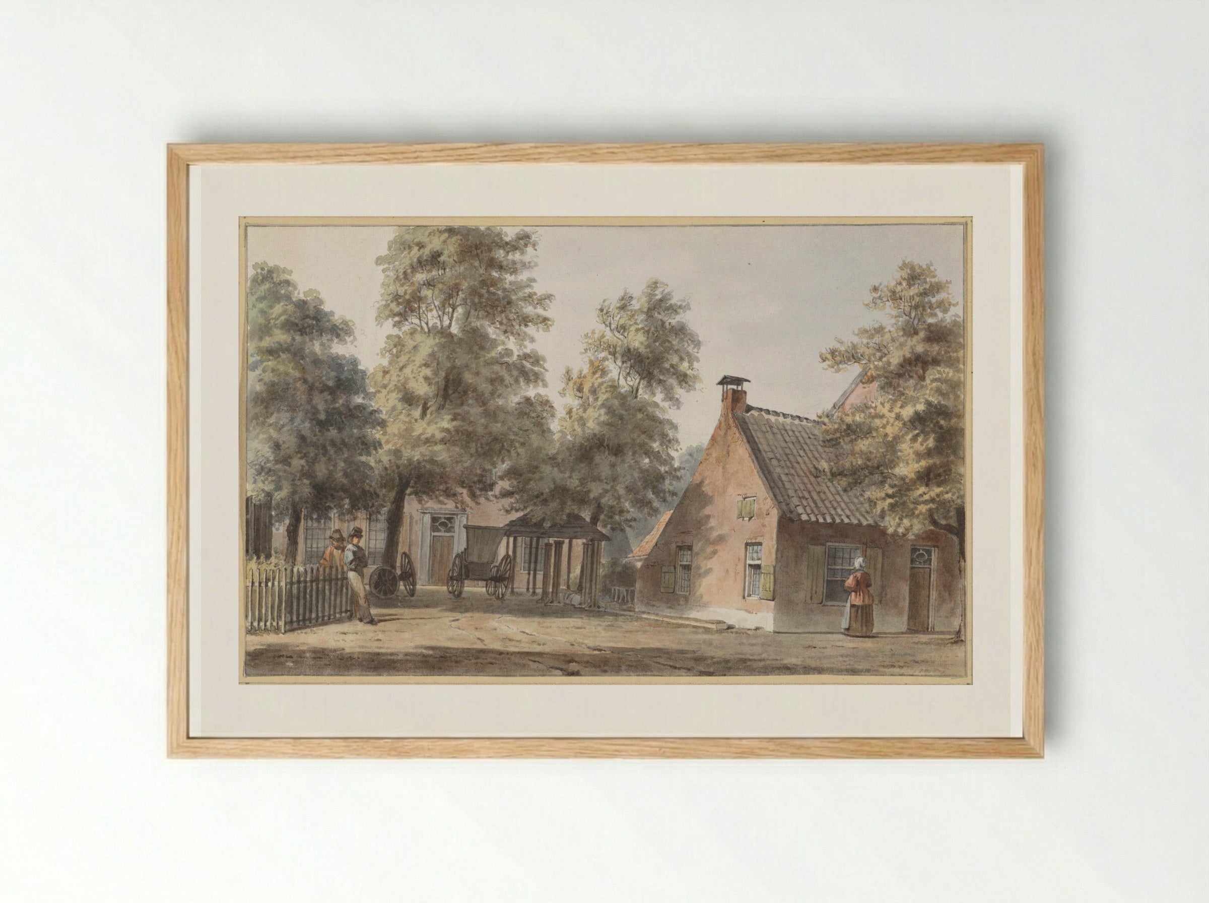 Village Scene with Two Men Leaning Against a Fence - Hendrik Abraham Klinkhamer - Framed Print Wood