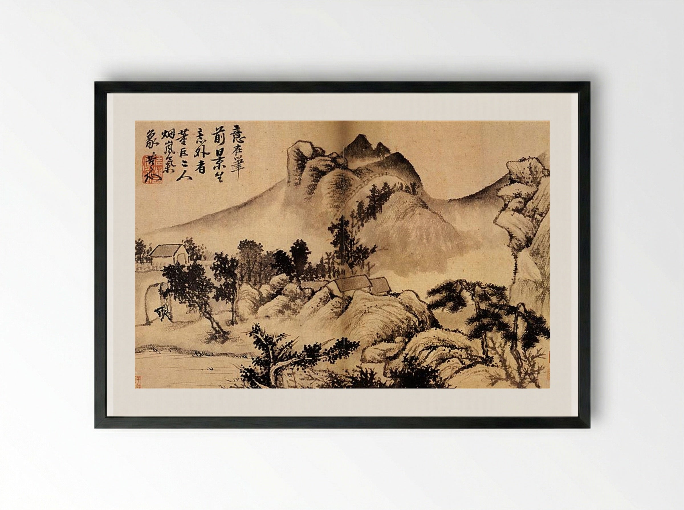Village at the foot of the mountains - Shitao - Framed Print Black