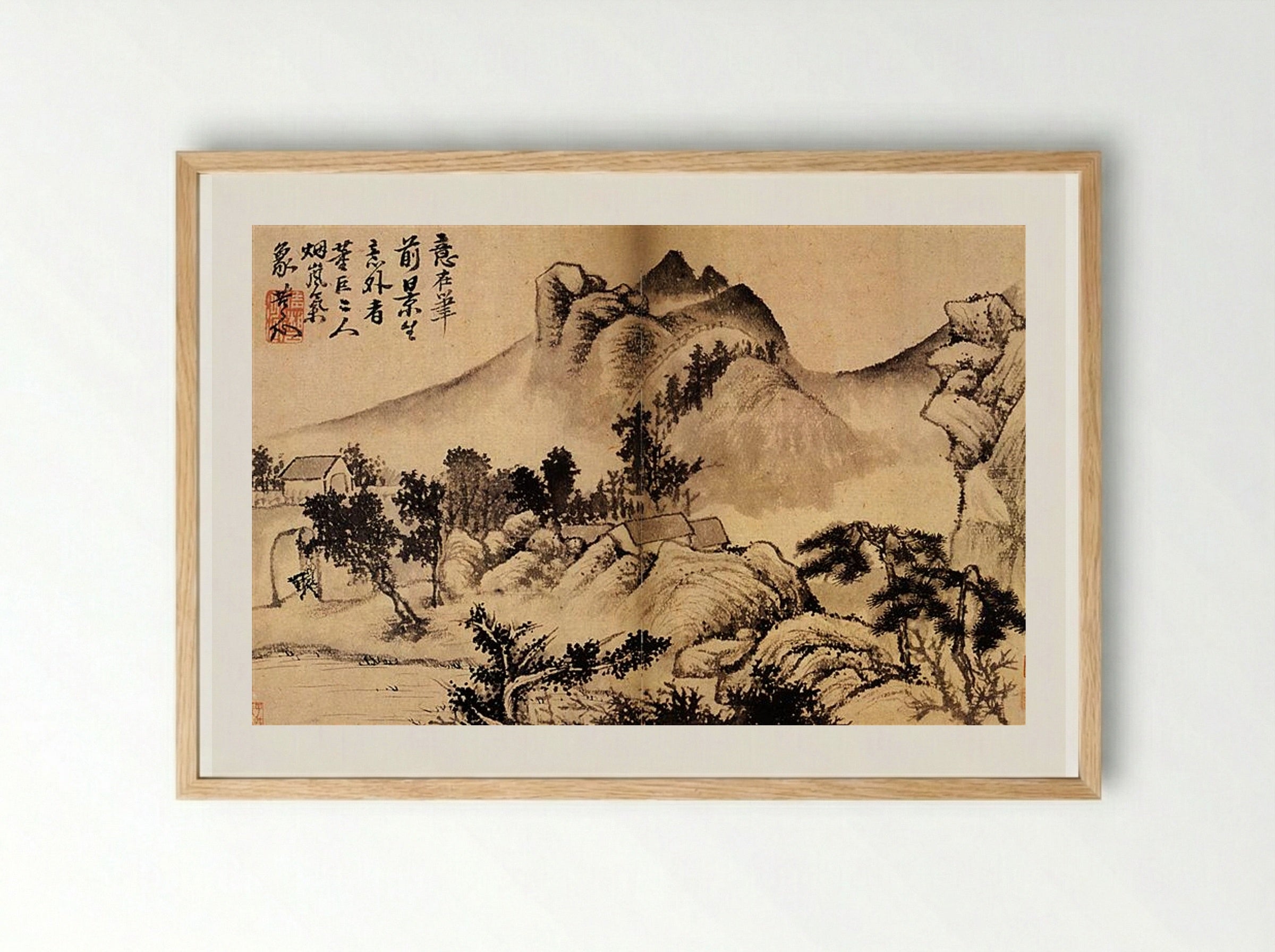 Village at the foot of the mountains - Shitao - Framed Print Wood