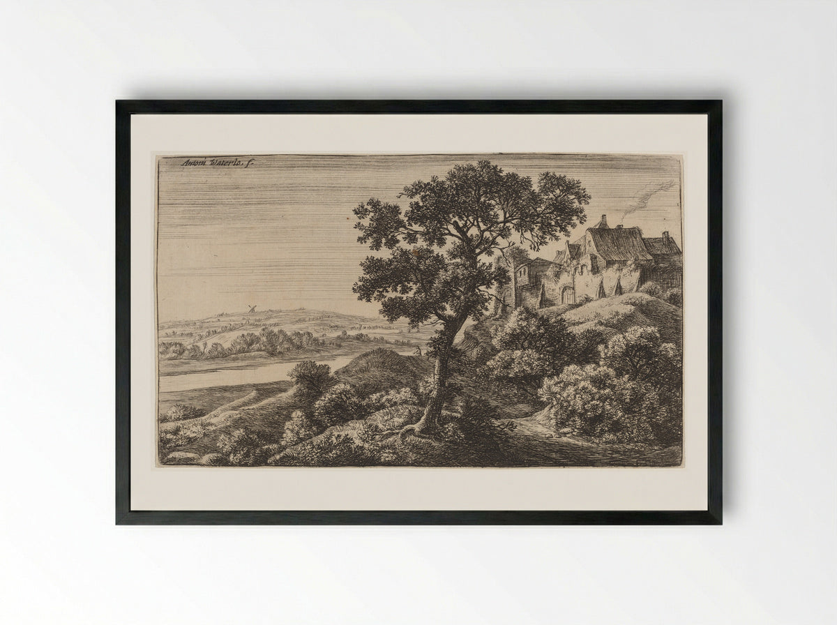 Village on the Hill - Anthonie Waterloo - Framed Print Black