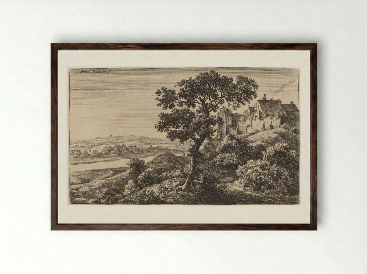 Village on the Hill - Anthonie Waterloo - Framed Print Dark Wood