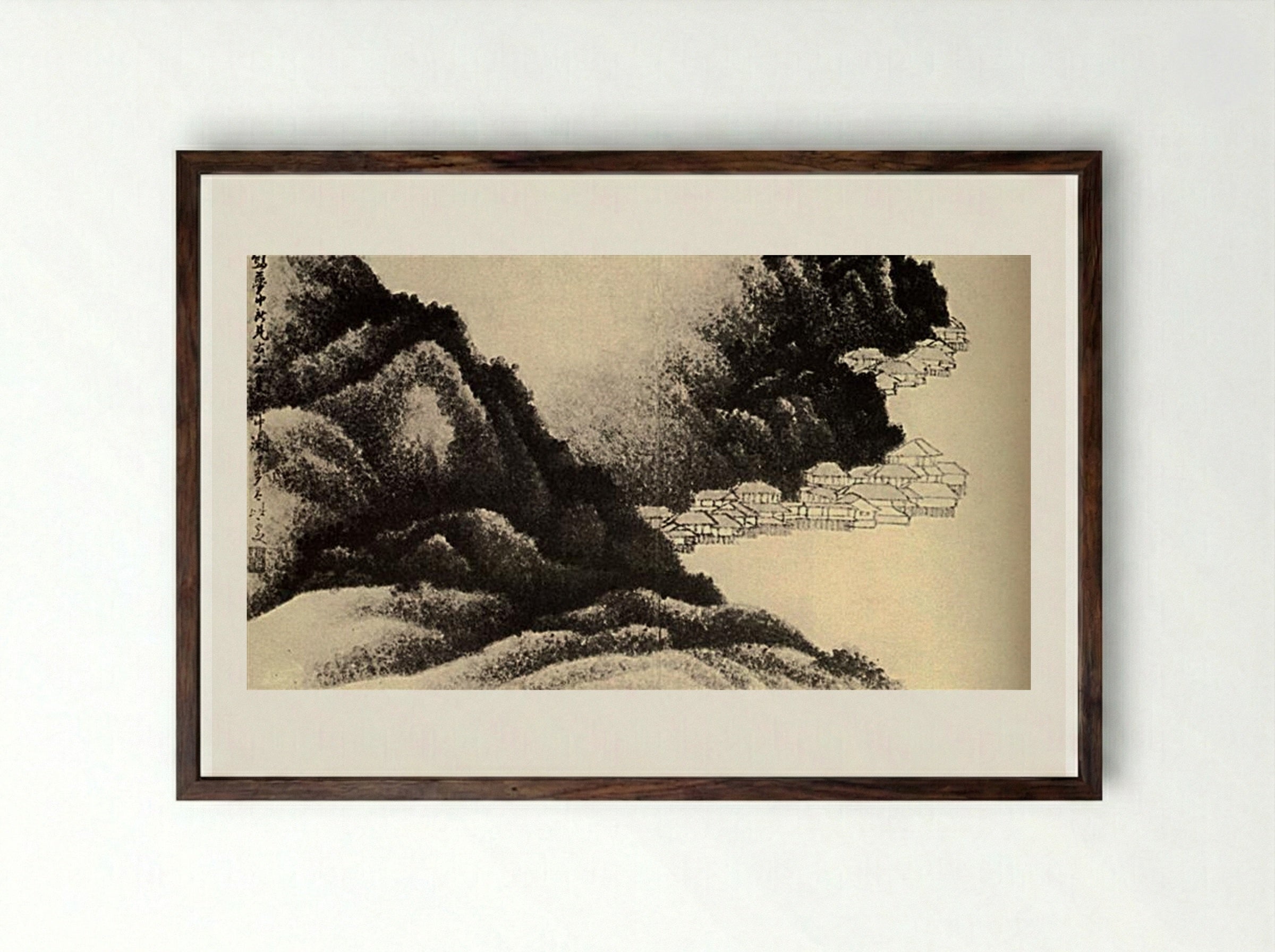 Village on the Water - Shitao - Framed Print Dark Wood