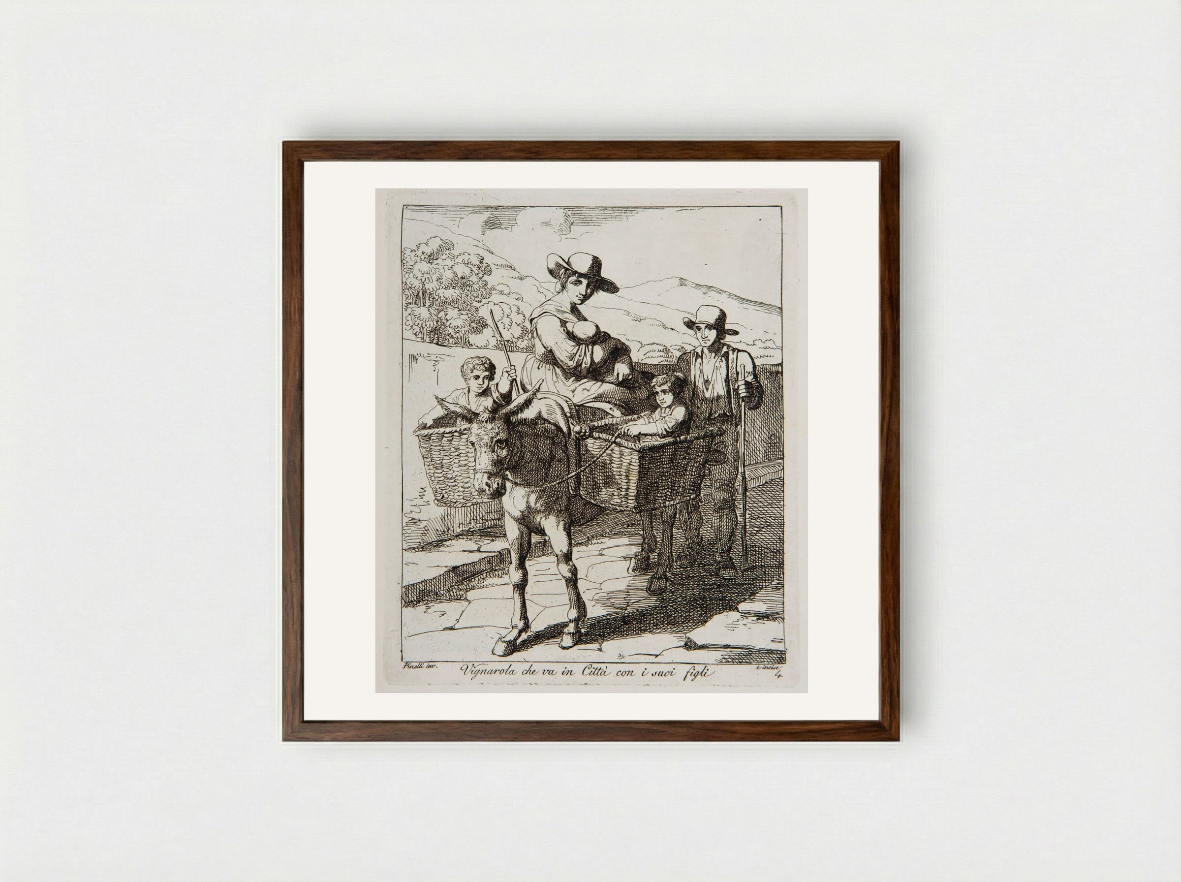 Vine-dresser Going to Town with the Children - Bartolomeo Pinelli - Framed Print Dark Wood