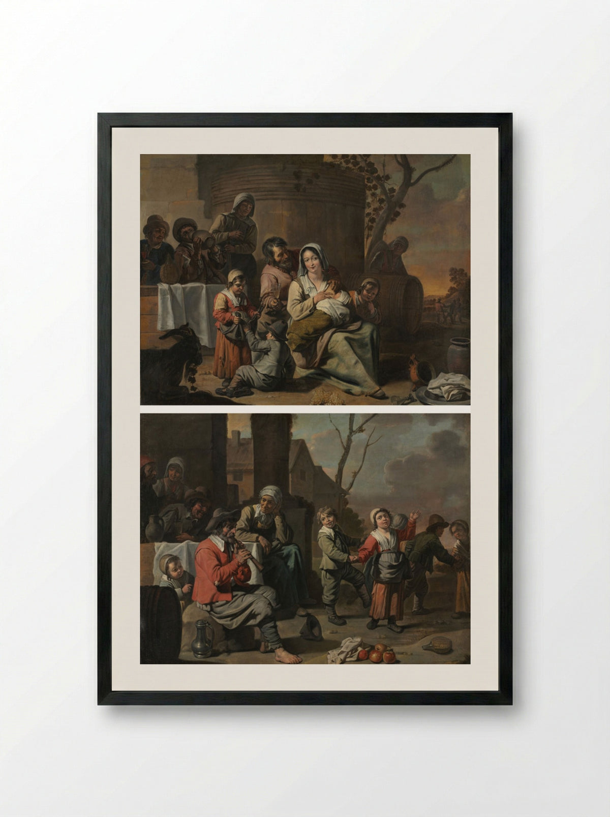 Vintage Scene and Peasant Children Dancing - Le Nain brothers - Framed Print Black