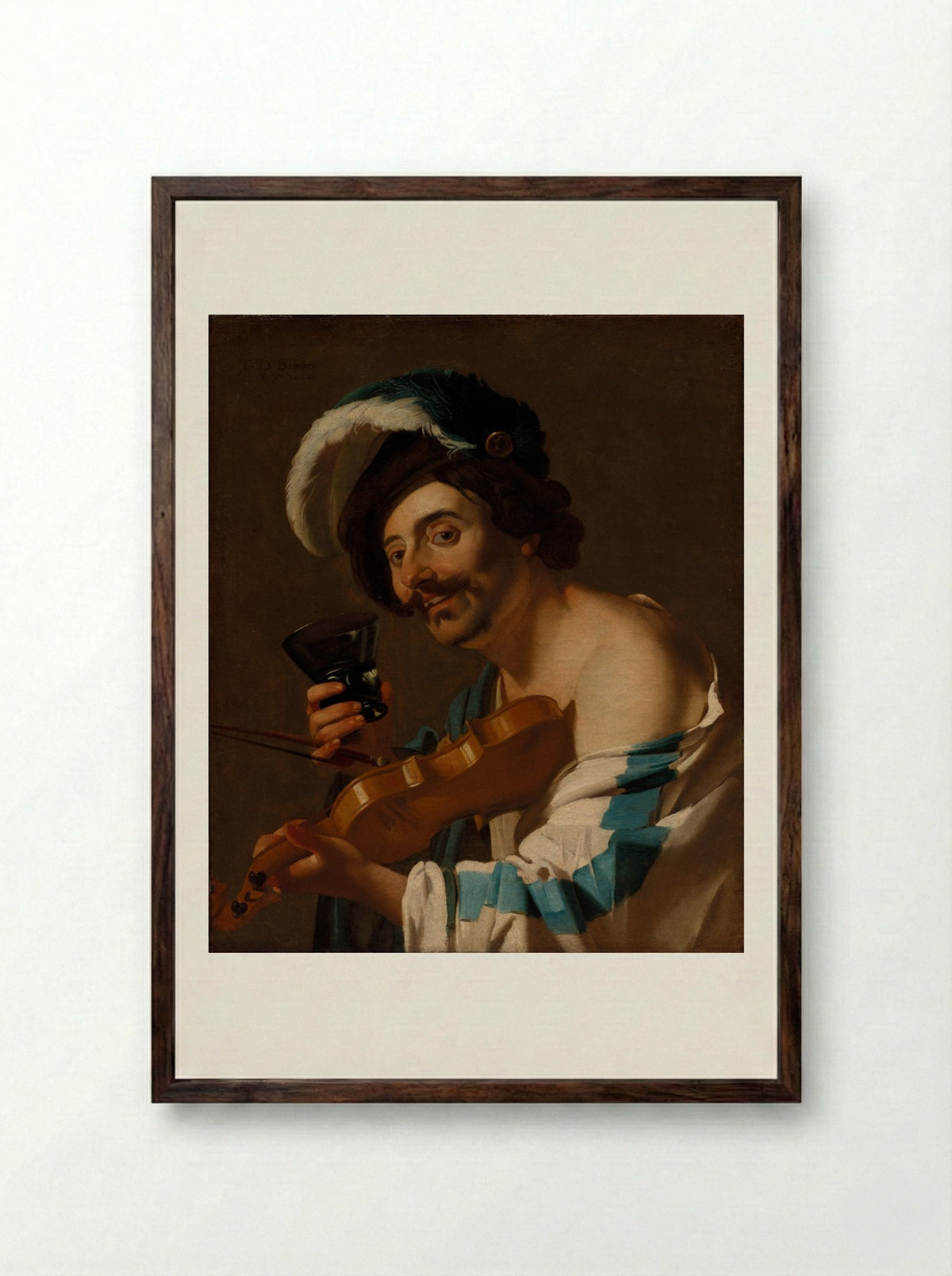 Violin Player with a Wine Glass - Dirck van Baburen - Framed Print Dark Wood