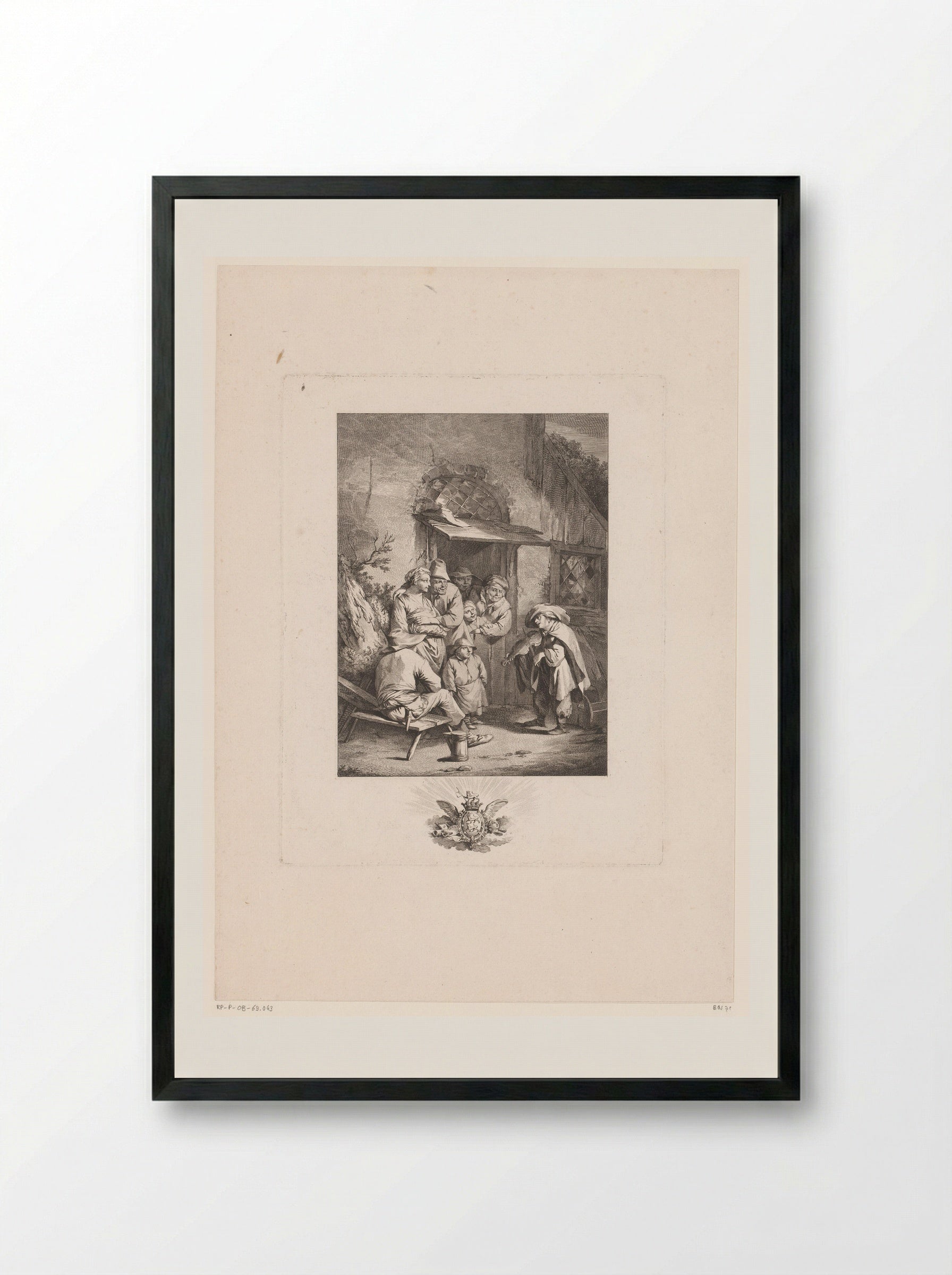 Vioolspelende muzikant voor een huis met luisterende figuren - Jacques-Philippe Le Bas - Framed Print Black