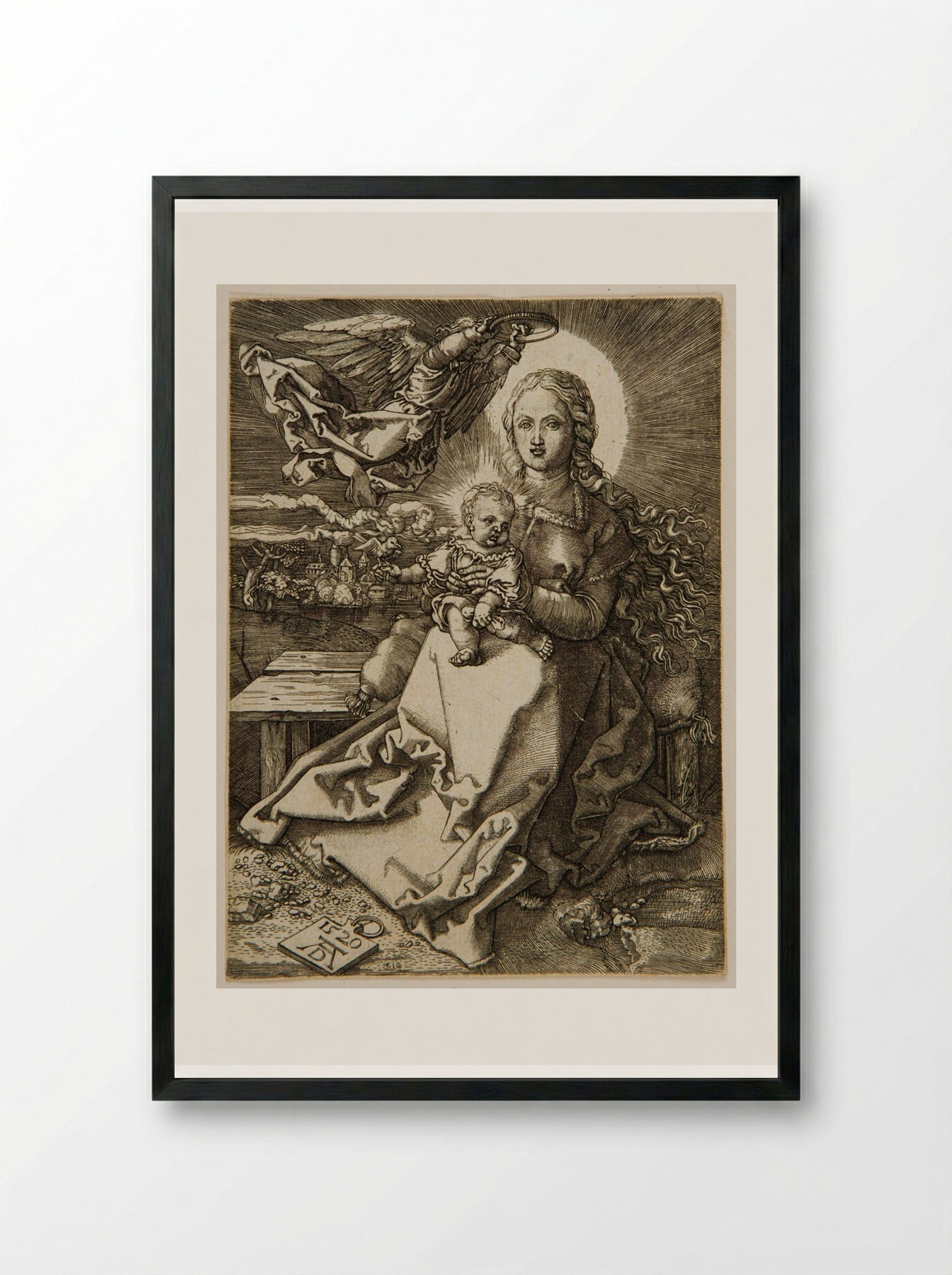 Virgin Crowned by One Angel - Hieronymus Wierix - Framed Print Black