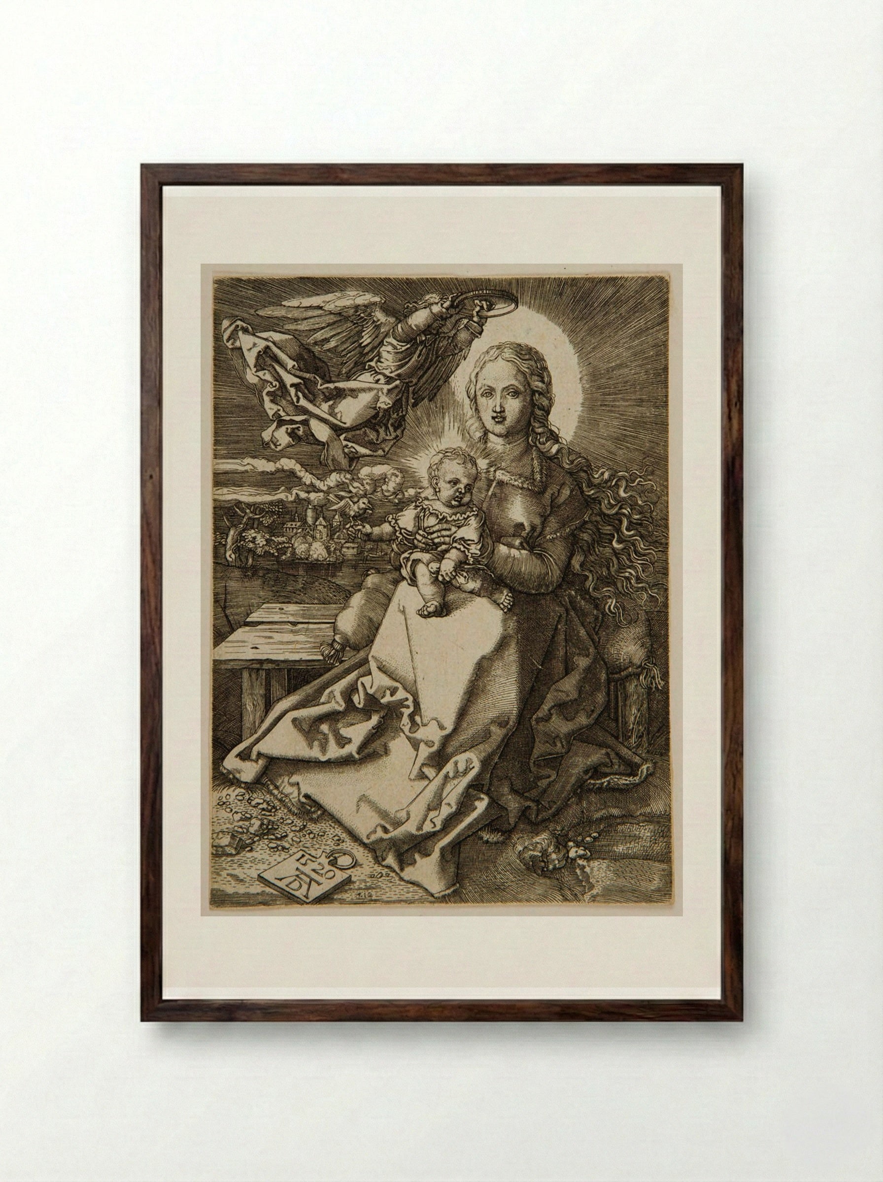 Virgin Crowned by One Angel - Hieronymus Wierix - Framed Print Dark Wood