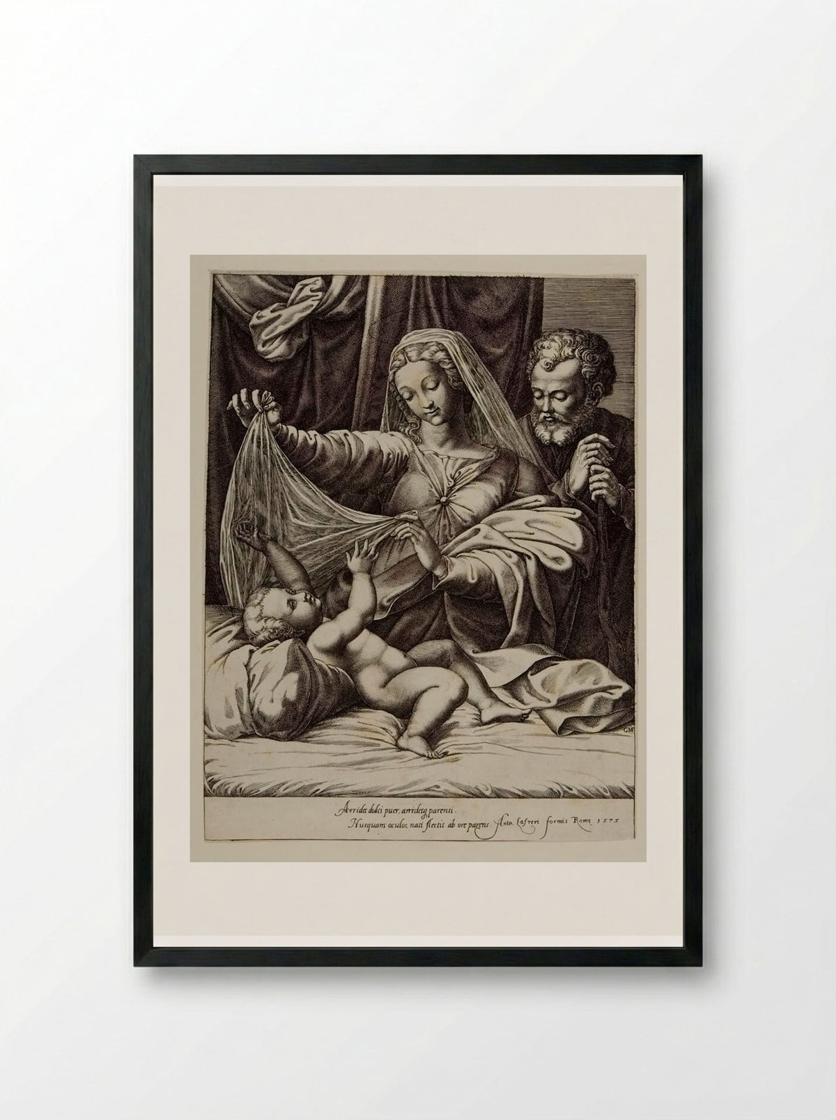 Virgin Lifting the Veil from the Child - Giorgio Ghisi - Framed Print Black