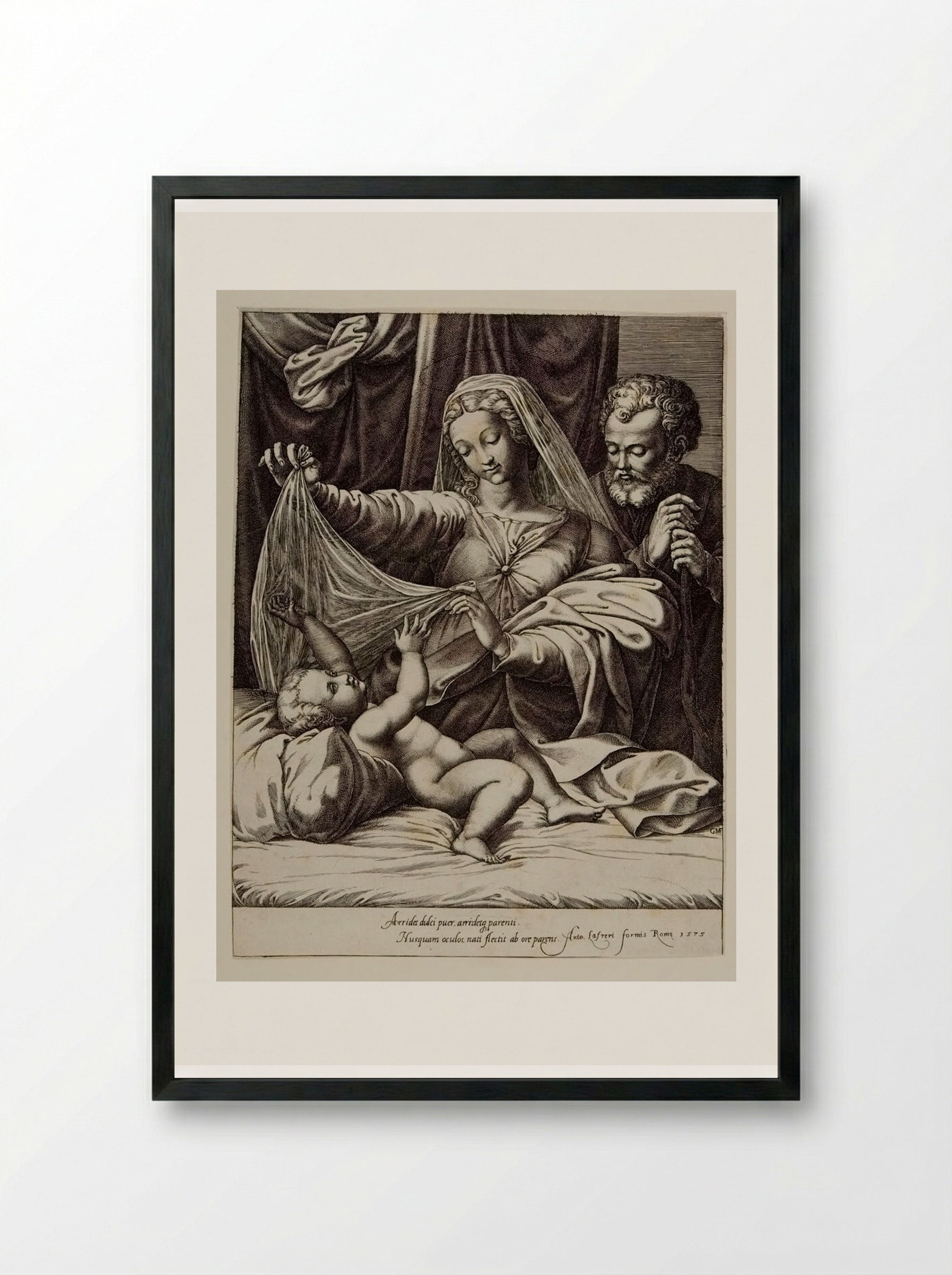 Virgin Lifting the Veil from the Child - Giorgio Ghisi - Framed Print Black