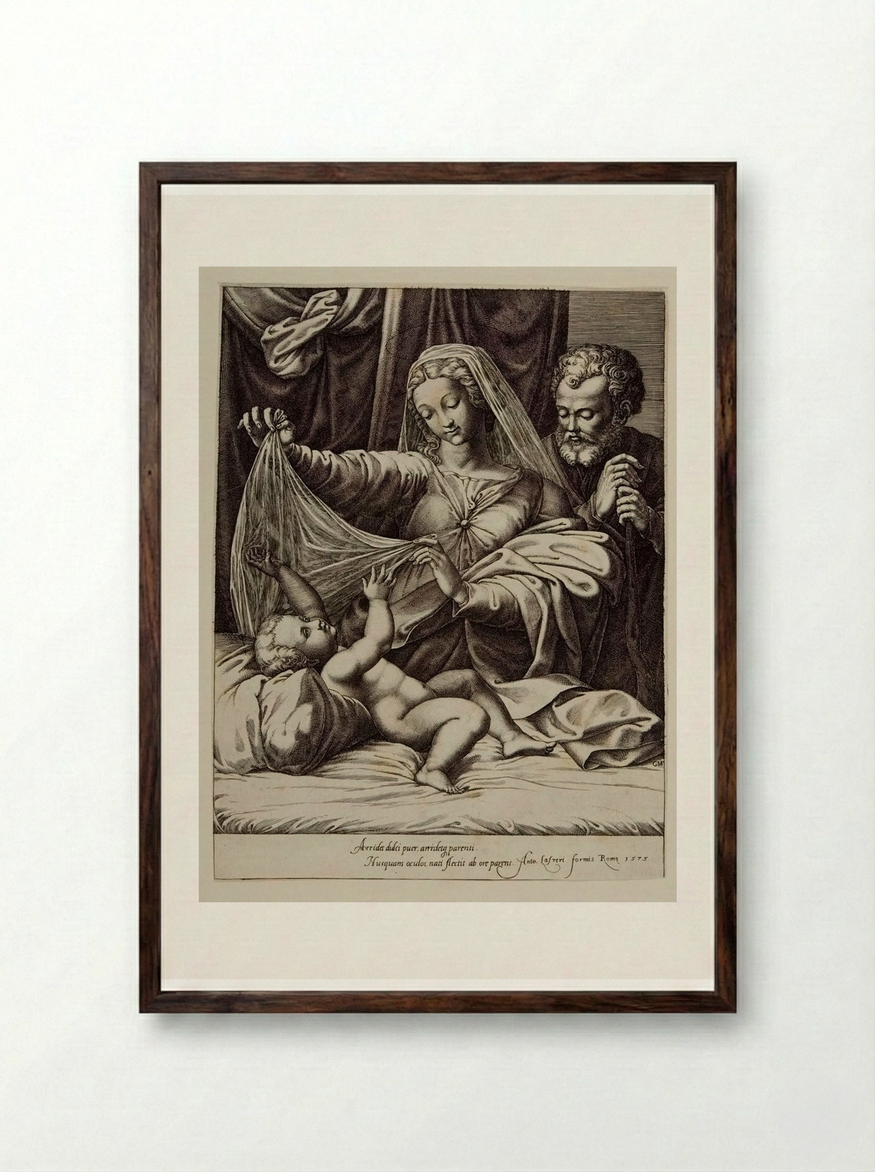 Virgin Lifting the Veil from the Child - Giorgio Ghisi - Framed Print Dark Wood