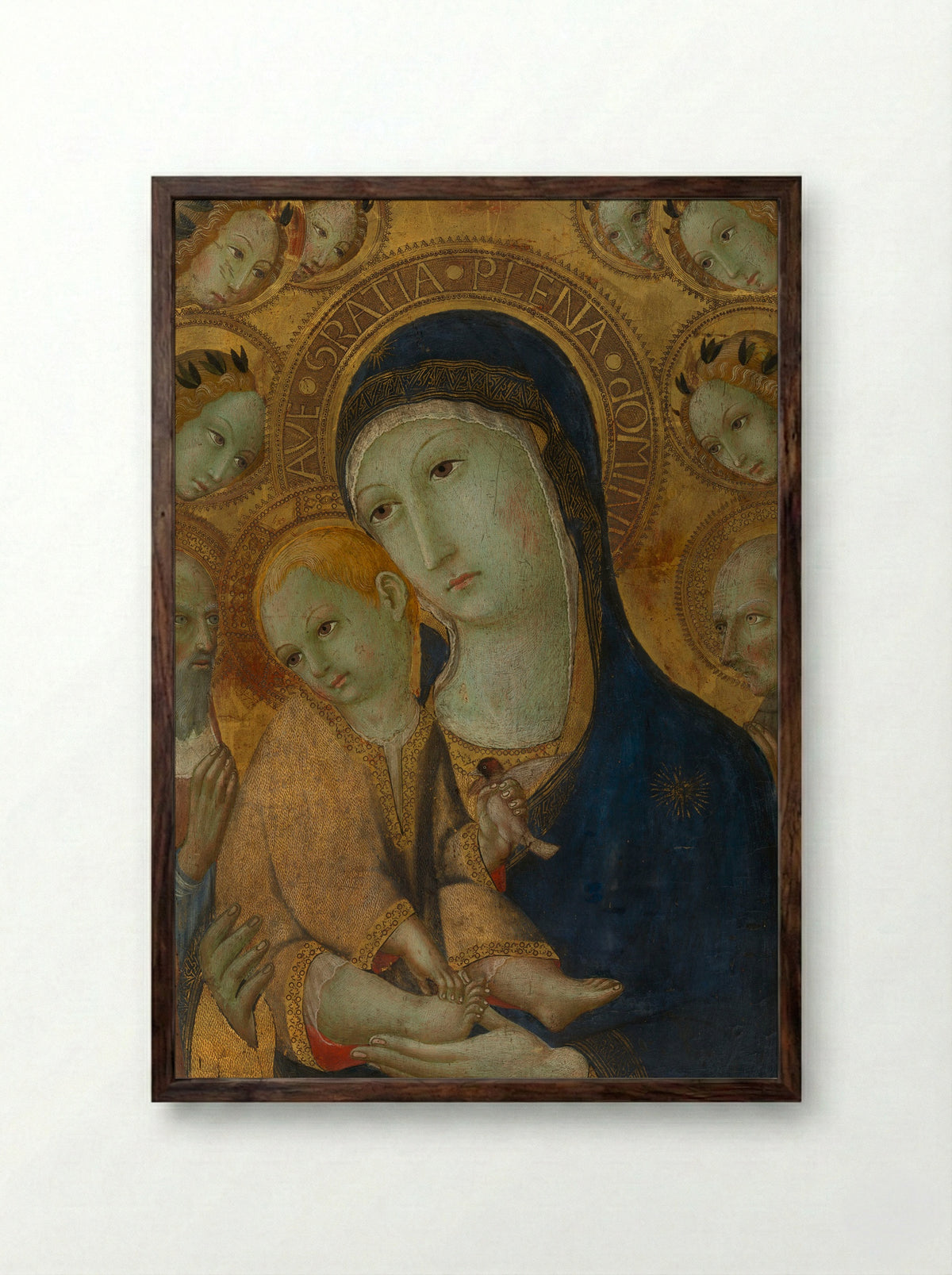 Virgin and Child Adored by Saints Mary Magdalene and Nicolas of Bari - Sano di Pietro - Framed Print Dark Wood