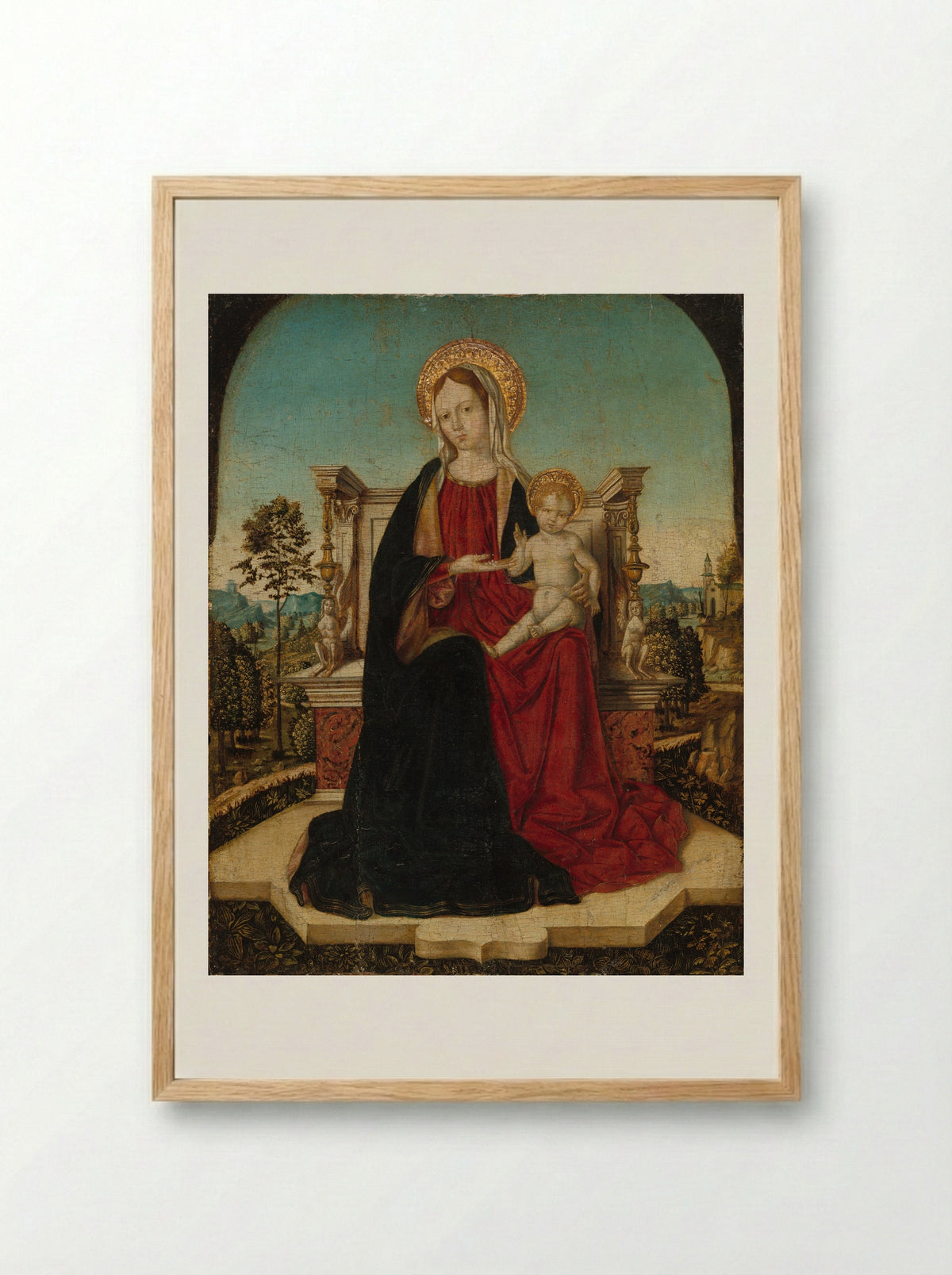 Virgin and Child Enthroned in a Landscape - Jacobello di Antonello - Framed Print Wood