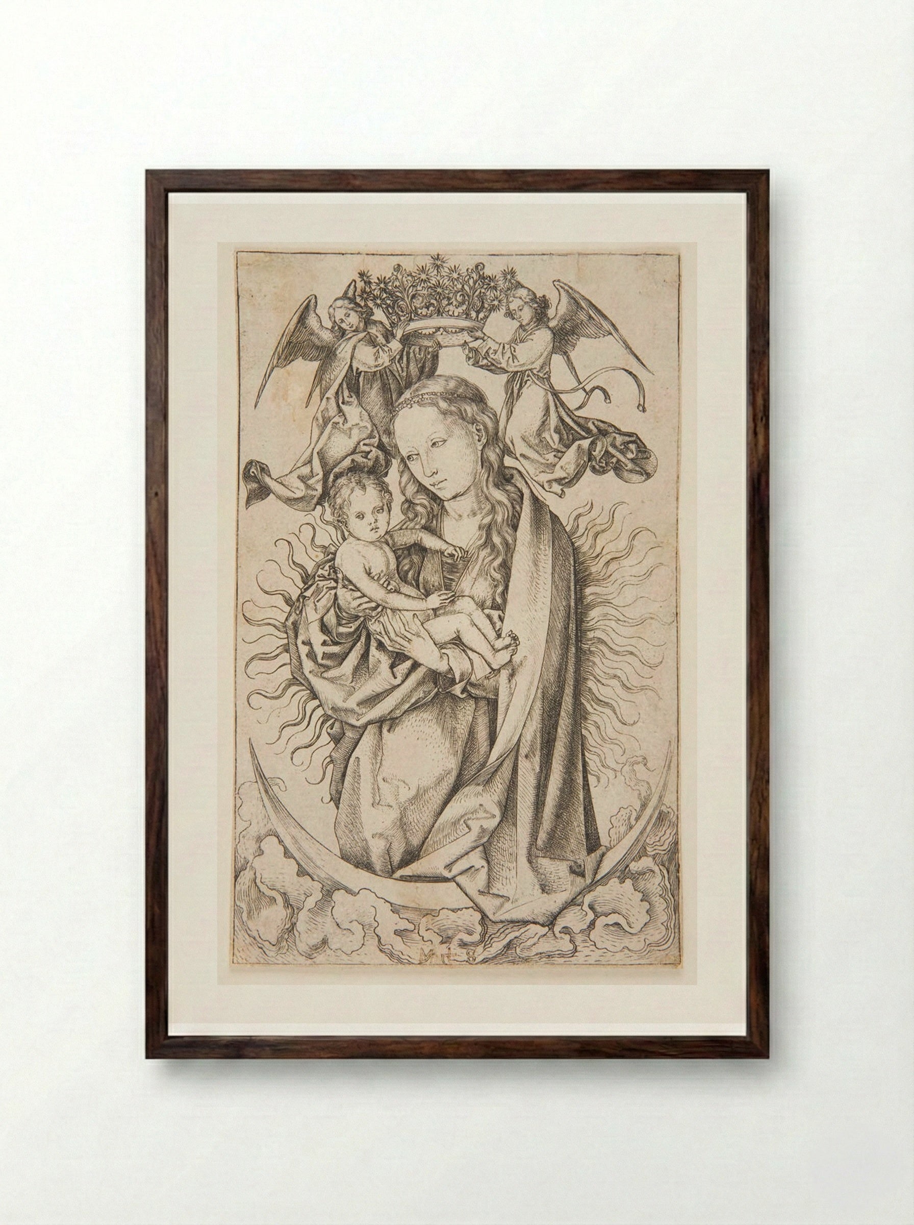 Virgin and Child on a Crescent - Martin Schongauer - Framed Print Dark Wood