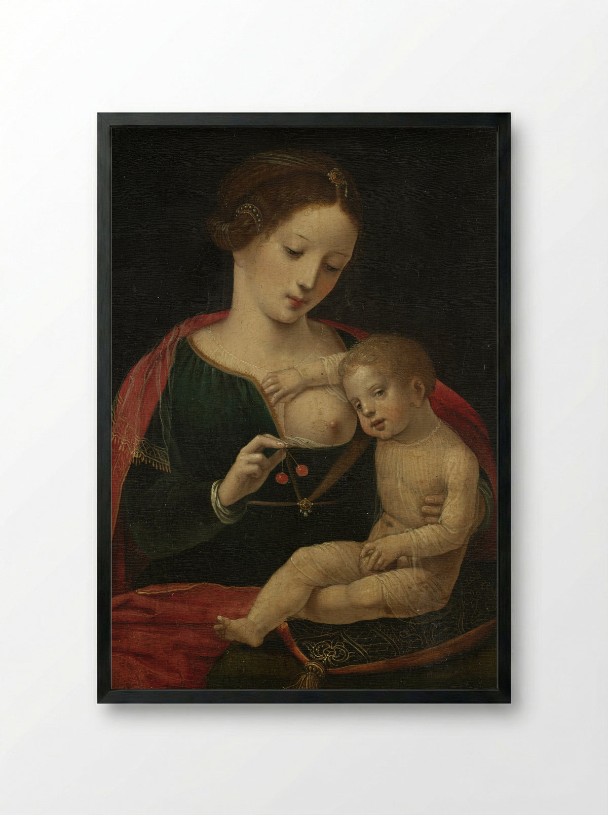 Virgin and Child with Cherries - Master of the Female Half-Lengths - Framed Print Black