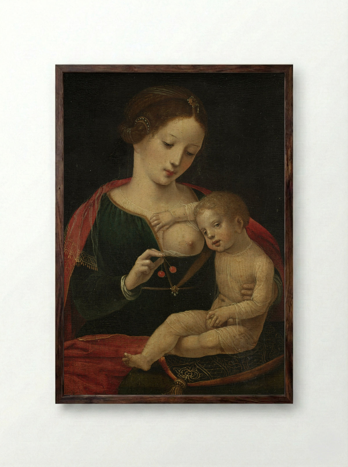 Virgin and Child with Cherries - Master of the Female Half-Lengths - Framed Print Dark Wood