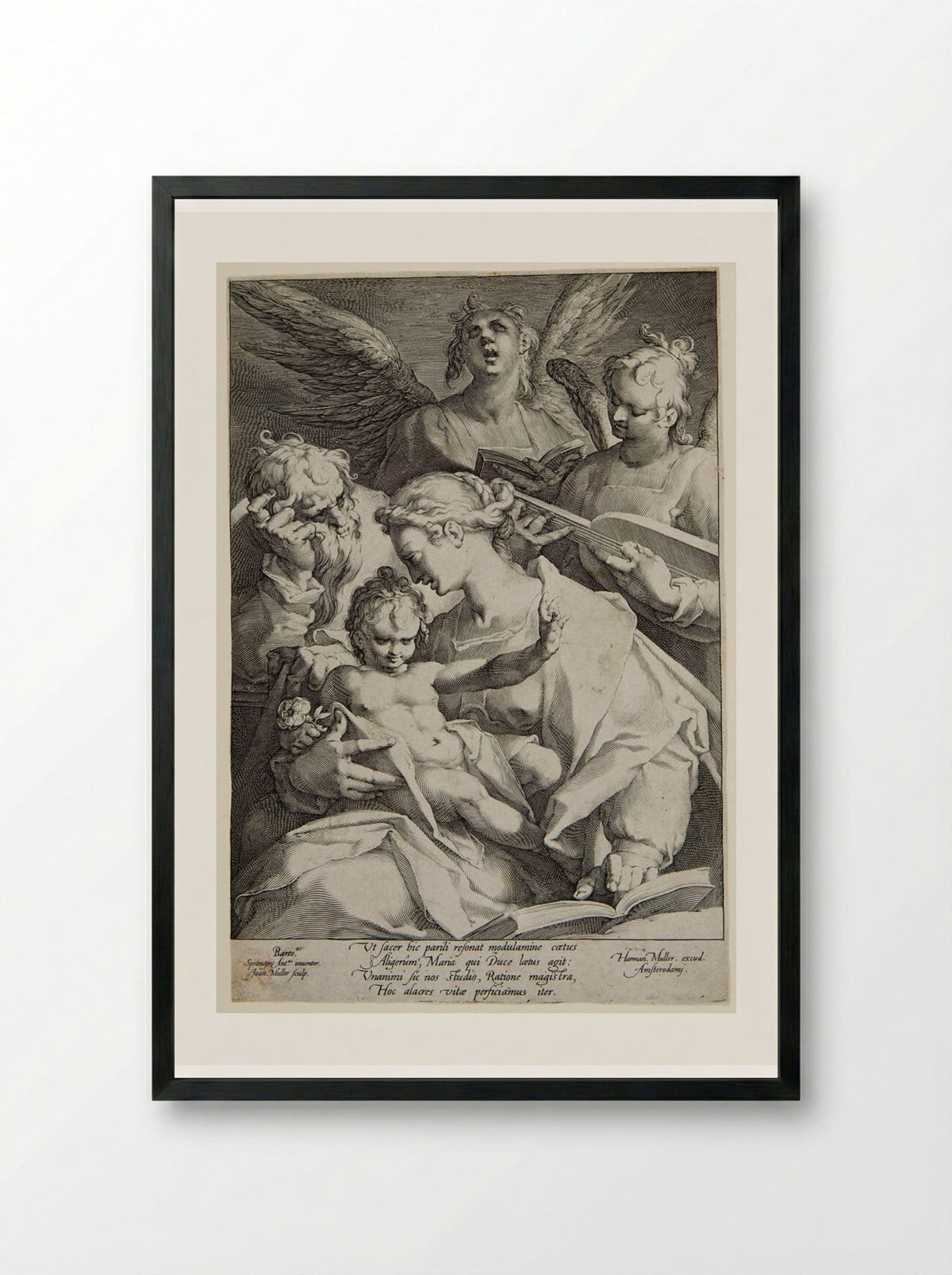 Virgin and Child with Joseph and Two Music-Making Angels - Jan Harmensz. Muller - Framed Print Black