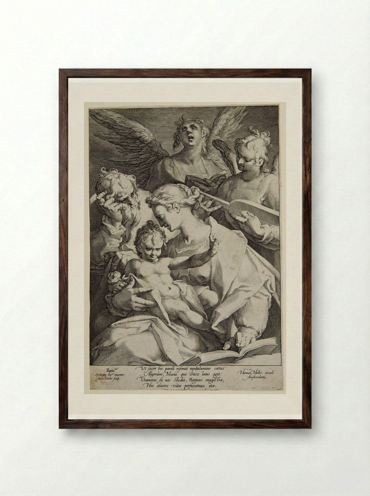 Virgin and Child with Joseph and Two Music-Making Angels - Jan Harmensz. Muller - Framed Print Dark Wood