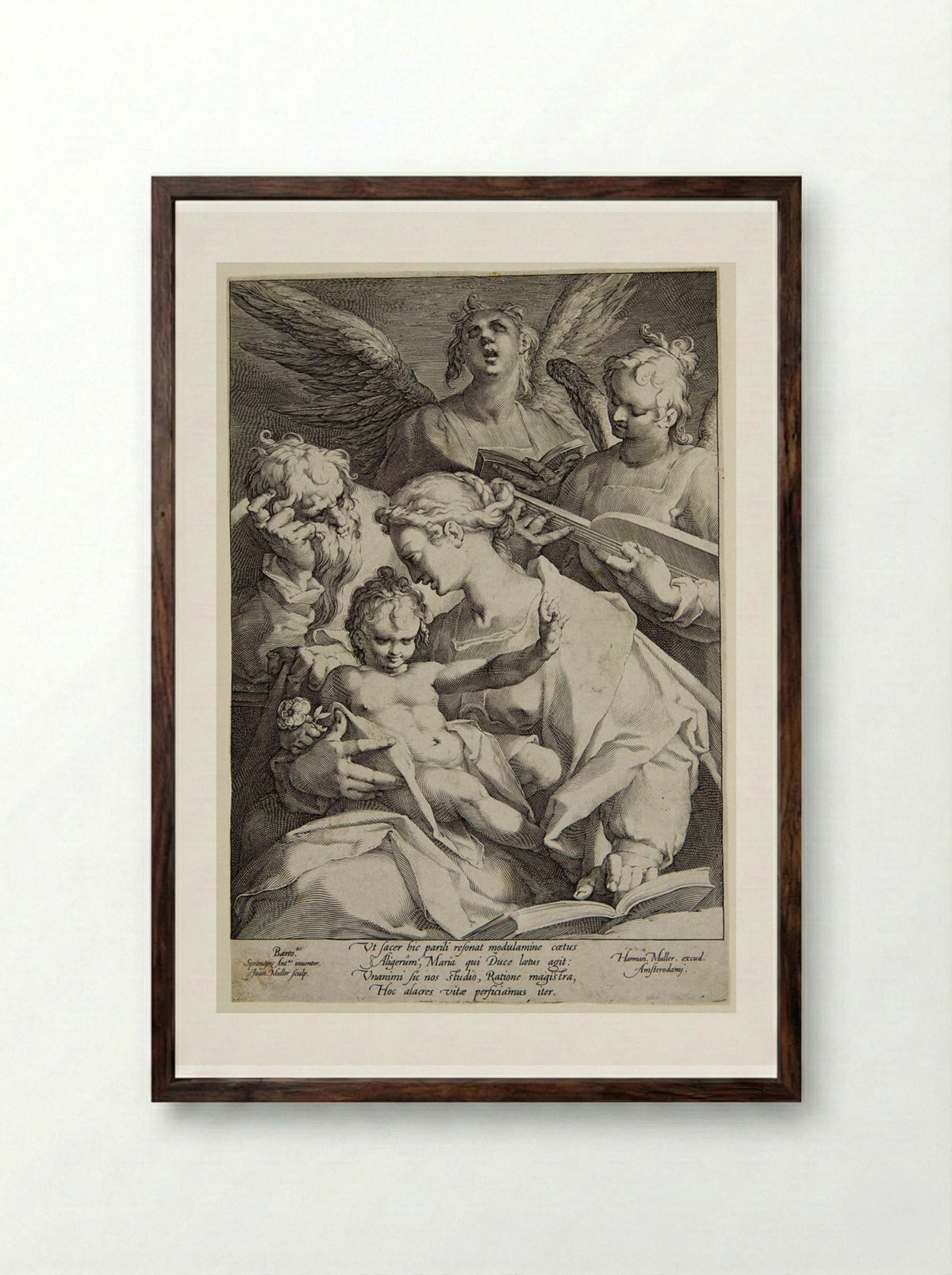 Virgin and Child with Joseph and Two Music-Making Angels - Jan Harmensz. Muller - Framed Print Dark Wood