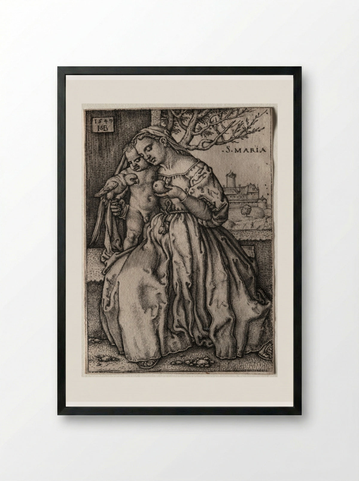 Virgin and Child with Parrot - Hans Sebald Beham - Framed Print Black