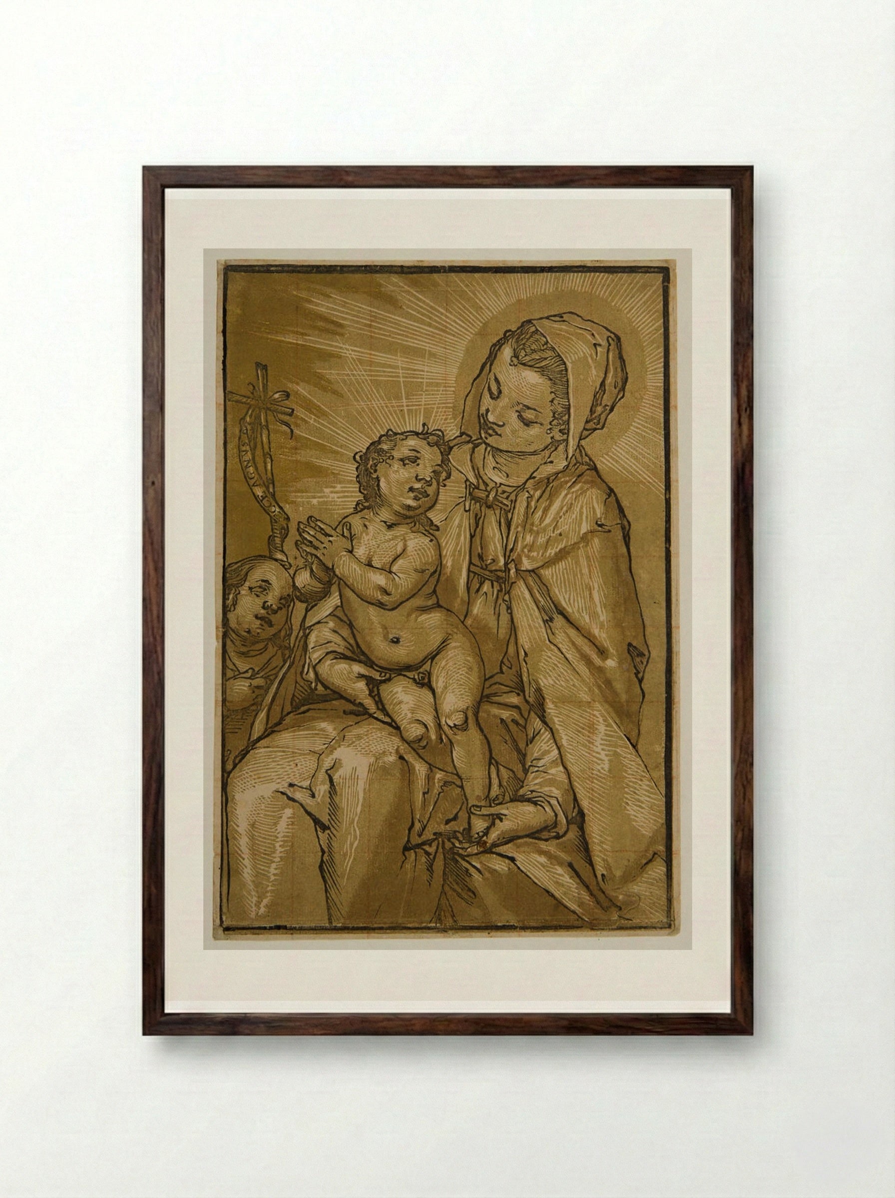 Virgin and Child with Saint John - Andrea Andreani - Framed Print Dark Wood