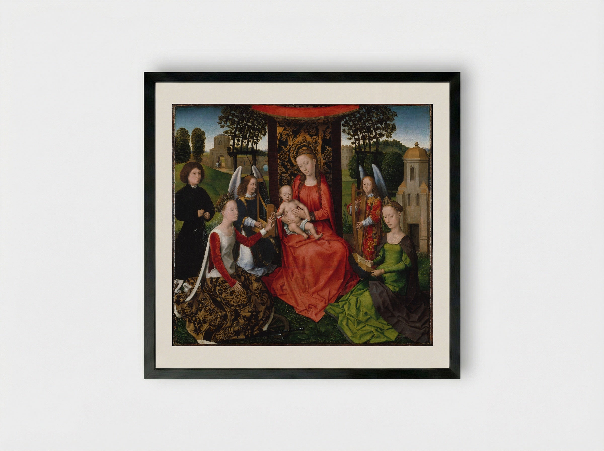 Virgin and Child with Saints Catherine of Alexandria and Barbara - Hans Memling - Framed Print Black