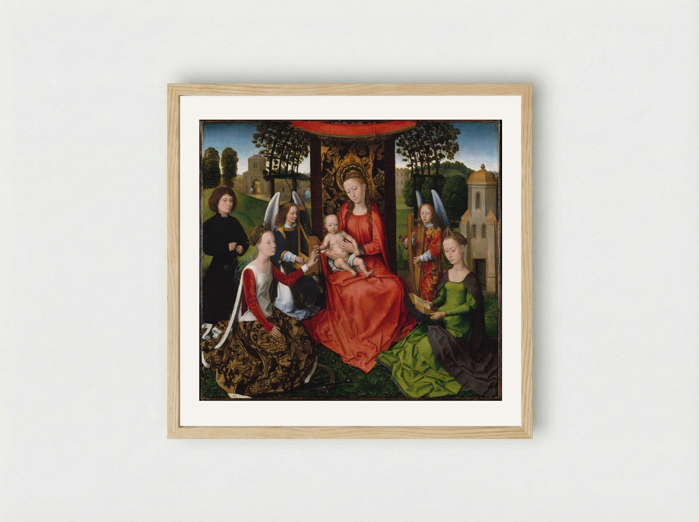 Virgin and Child with Saints Catherine of Alexandria and Barbara - Hans Memling - Framed Print Wood
