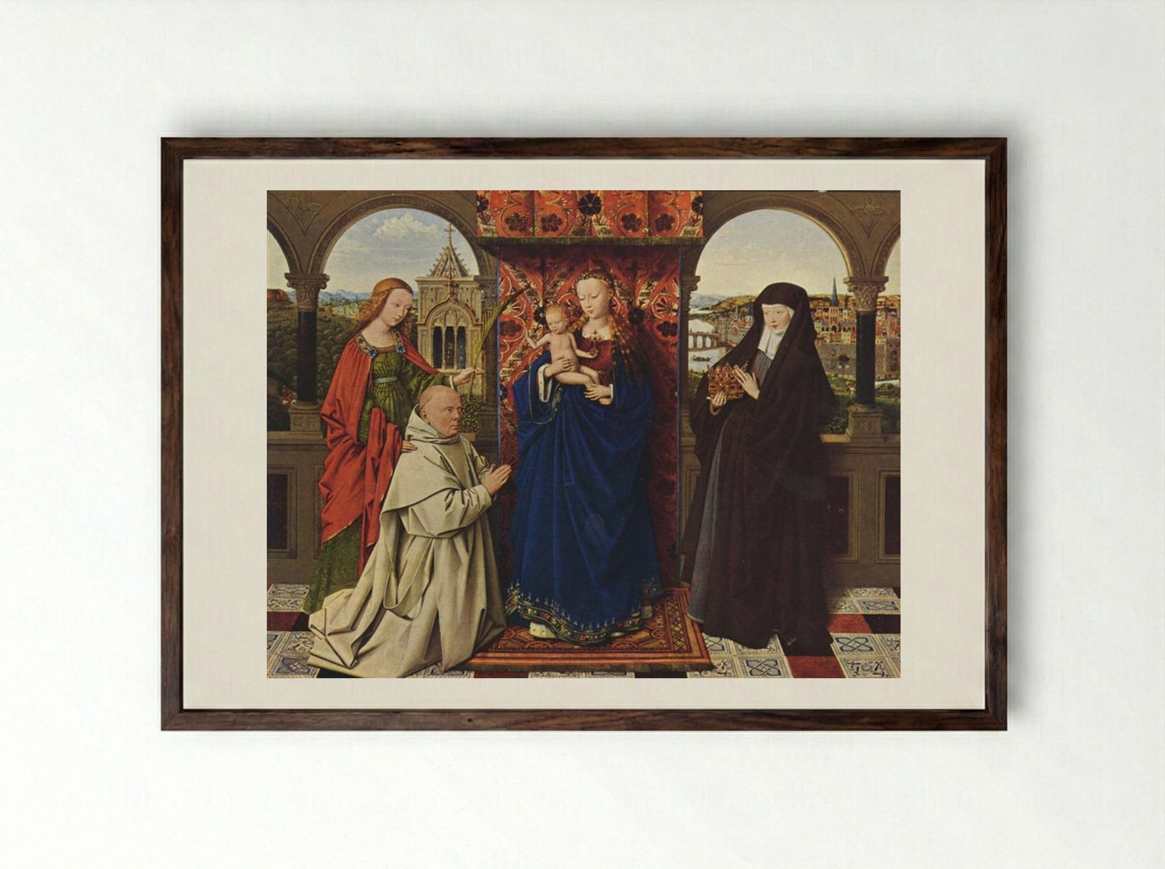 Virgin and Child with Saints and Donor - Jan van Eyck - Framed Print Dark Wood