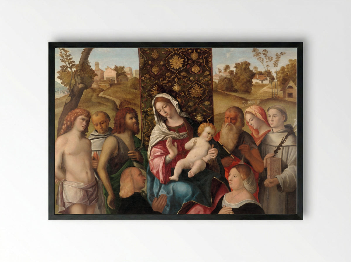 Virgin and Child with Saints and Donors - Giovanni Bellini - Framed Print Black