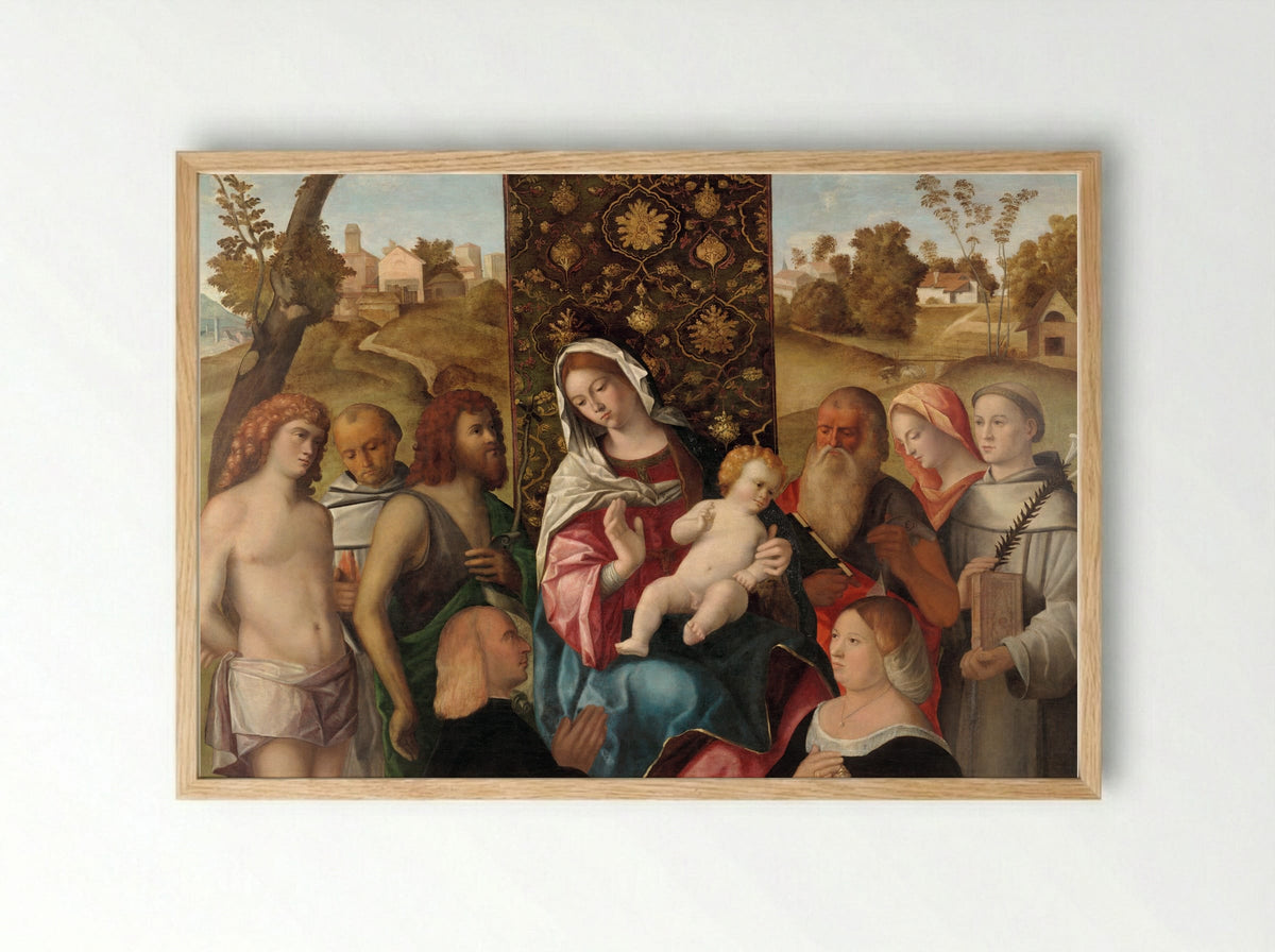 Virgin and Child with Saints and Donors - Giovanni Bellini - Framed Print Wood